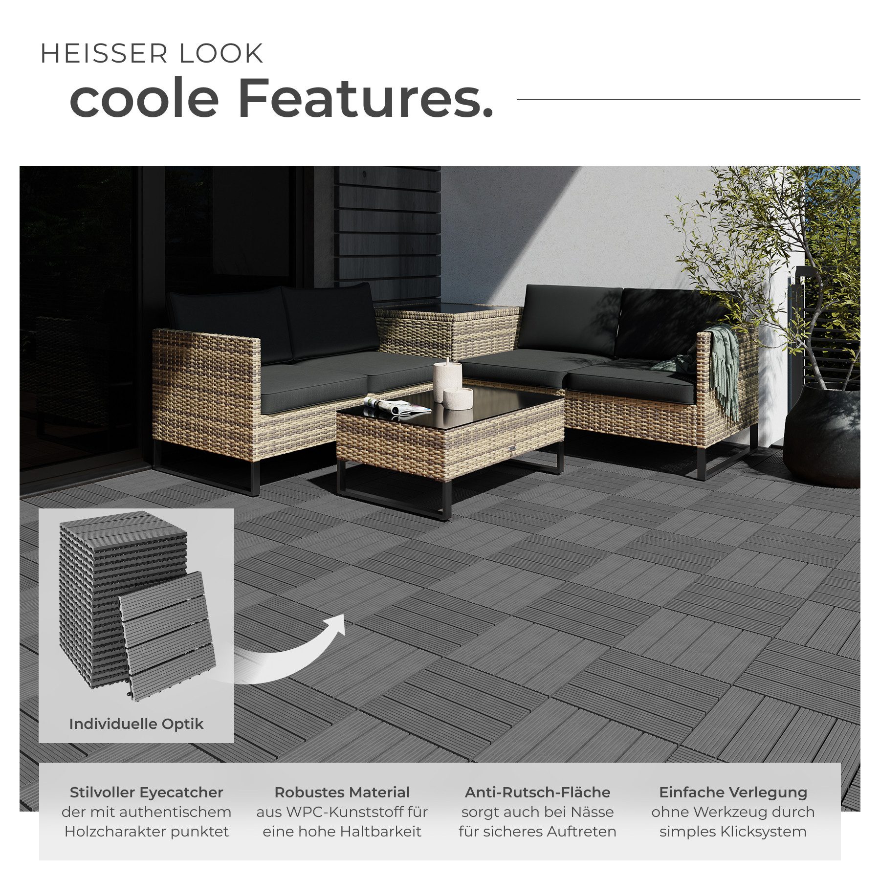 tectake Terrassendielen Terrassenfliesen Tegulas - Robust mit natürlicher Holzoptik, 2,1142 m², BxL: je 31,00x31,00 cm, (22-teiliges, 22-St., Fliesenset), Praktisches Klicksystem für einfache Montage