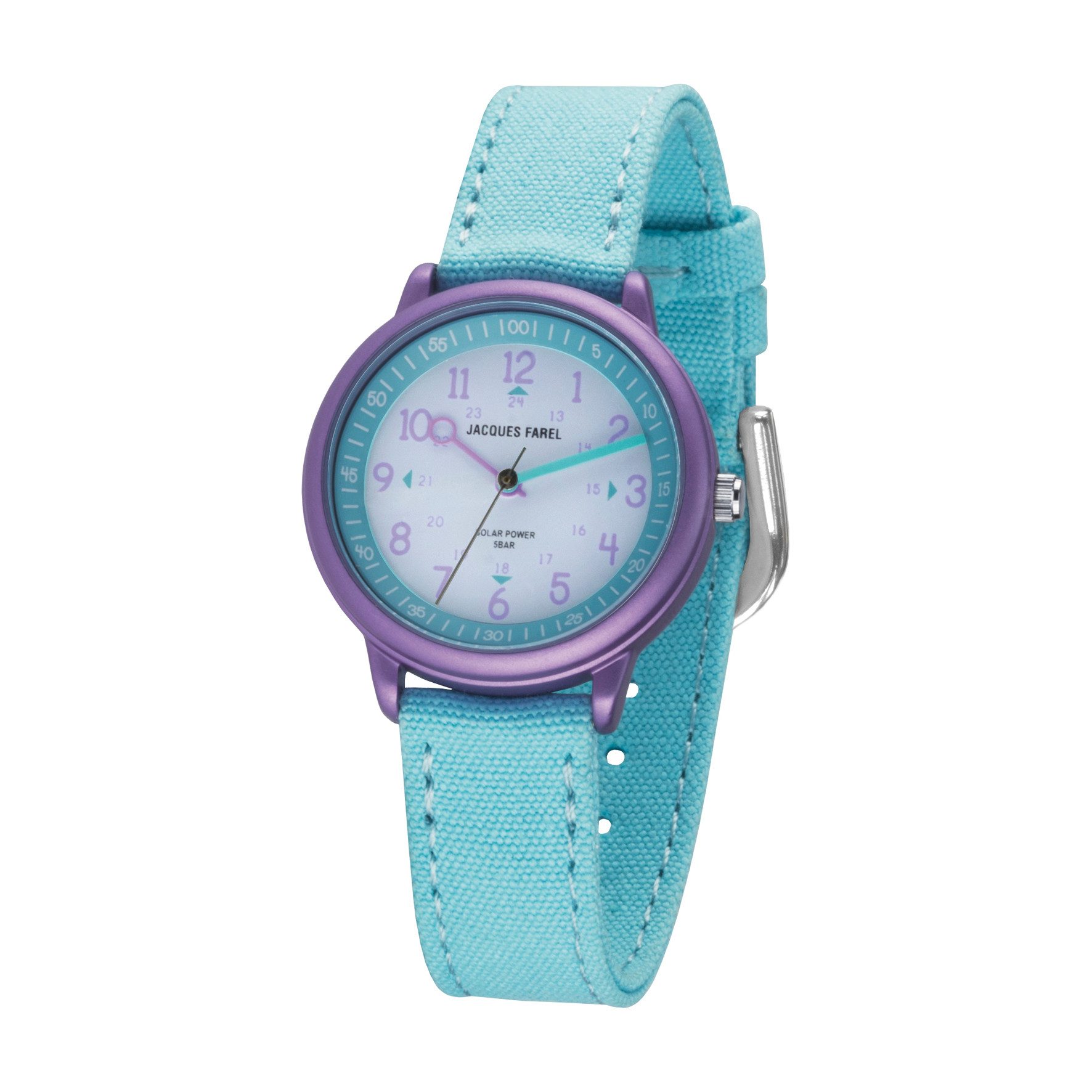 Jacques Farel Solaruhr ORSO Kinder Armbanduhr Solar Baumwollband, analog nachhaltig Geschenkidee Einschulung Kids Ø 30 mm