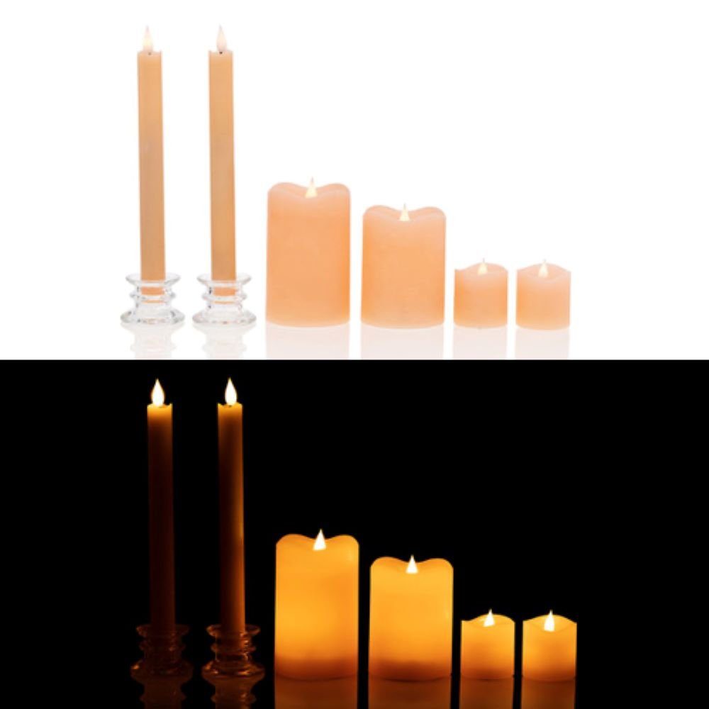 Online-Fuchs LED-Kerze als 6er Set mit je 2 Stab-, Stumpenkerzen und  Teelichter, (APRICOT, Orange, Fernbedienung, 4- oder 8-Stunden-Timer),  Maße: Stumpen: 10/12 x 7,5, Tafel: 24 x2,1 cm, Votiv: 5x4,7 cm