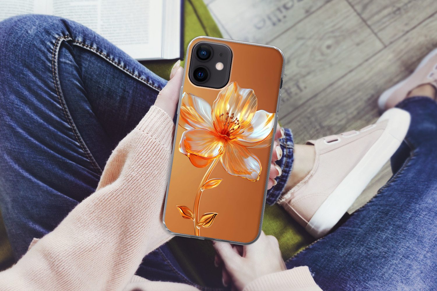 MuchoWow Handyhülle für Apple iPhone 12 Gläser - Blume - Orange, Smartphone-Bumper, Print, Handy Schutzhülle Dünn