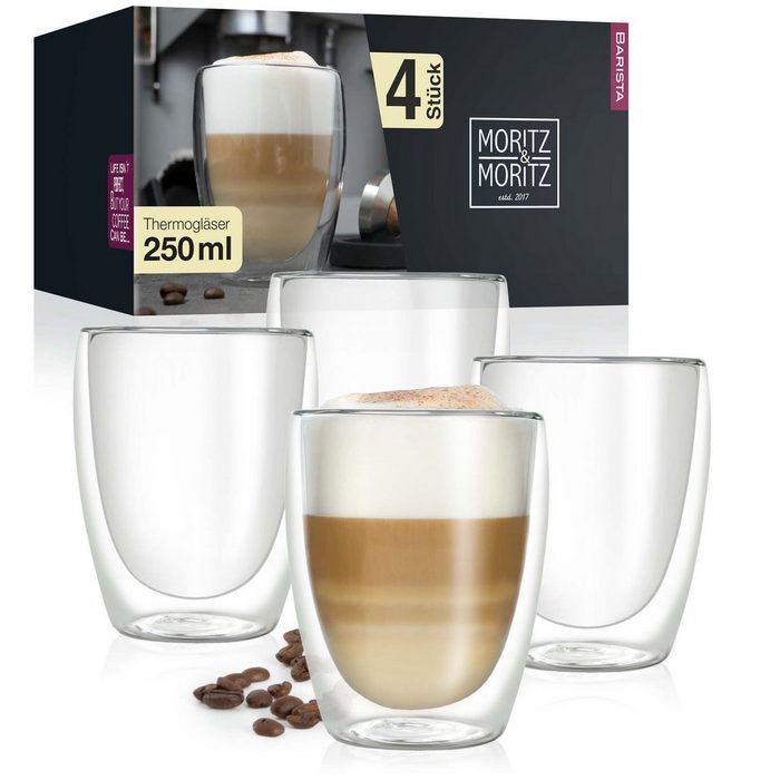 Moritz & Moritz Gläser-Set 4 x 250 ml Cappuccino-Gläser Borosilikatglas für Cappuccino Tee Heiß- und Kaltgetränke