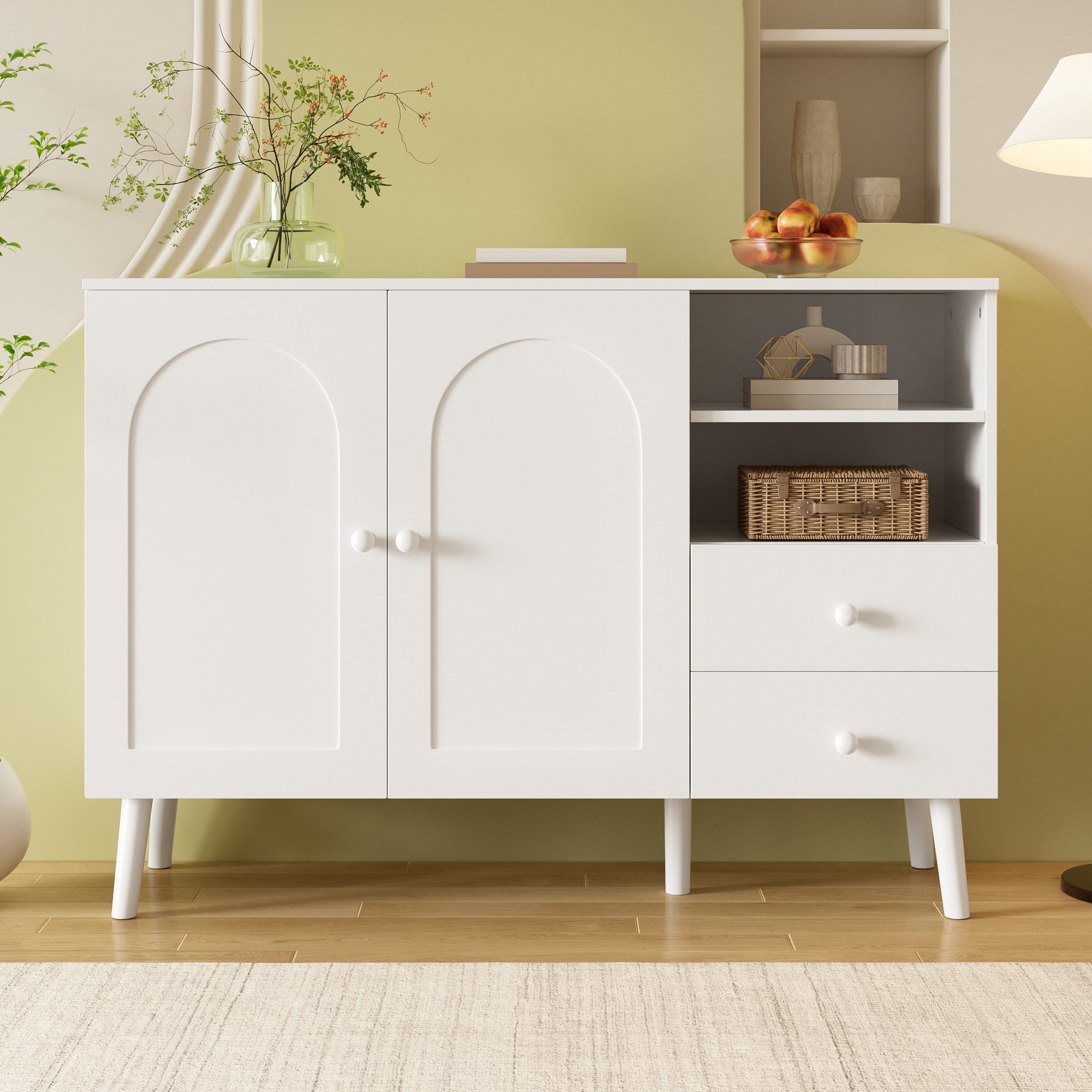 Merax Sideboard mit gewölbte Fronten, Holzgriffe, Holzfüße (1 St), Kommode mit 2 Türen, 2 Schubladen & offenen Fächern, 118x35x82cm