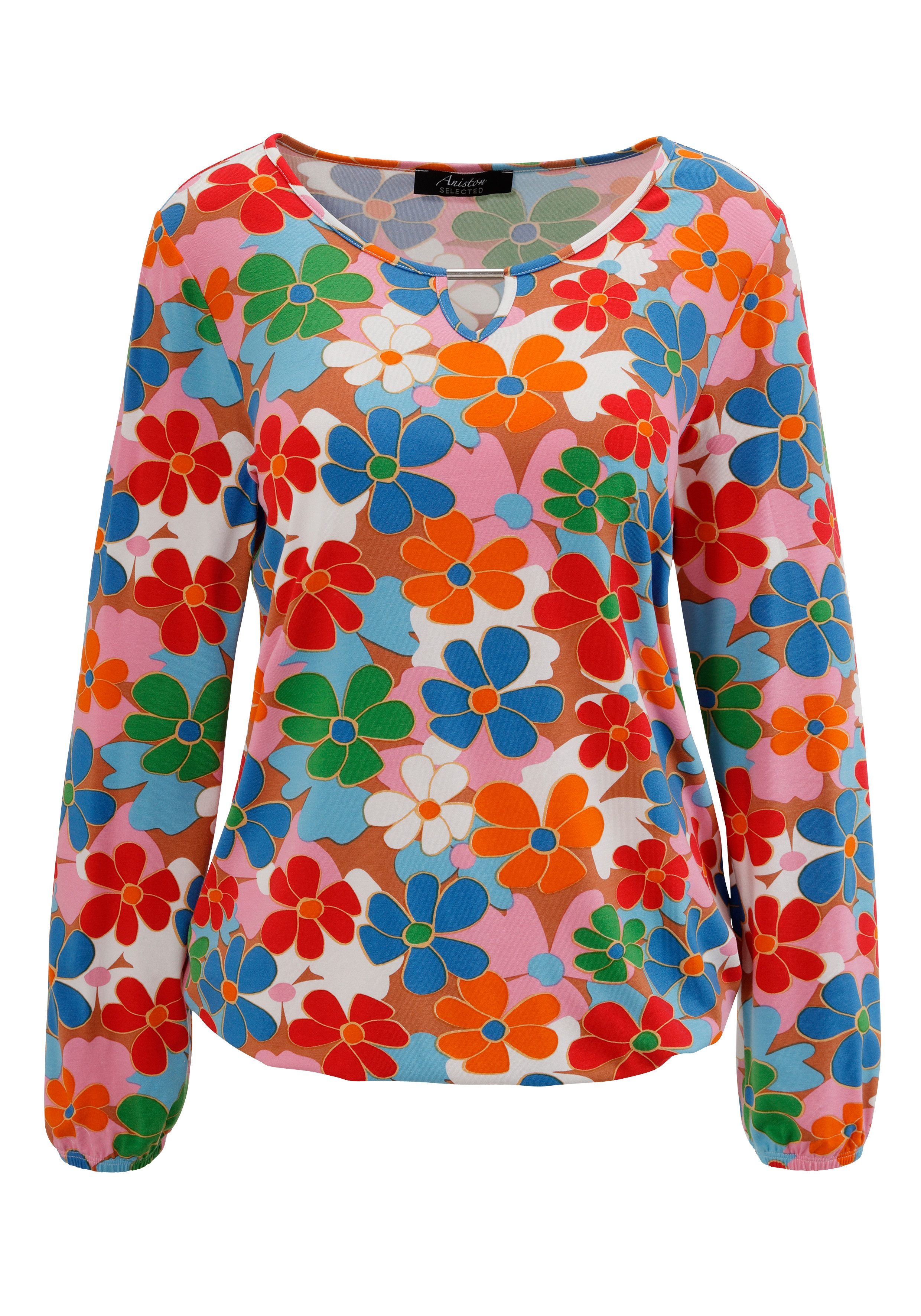 Aniston SELECTED Langarmshirt mit Cut-out und farbenfrohem Blütendruck