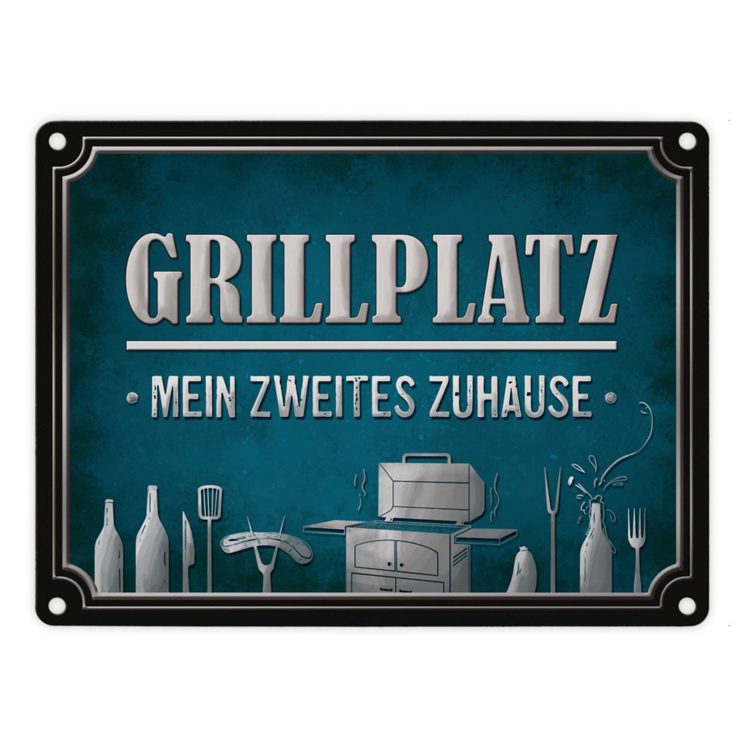 Metallschild Grillplatz mein zweites Zuhause Metallschild in blau Grill grillen