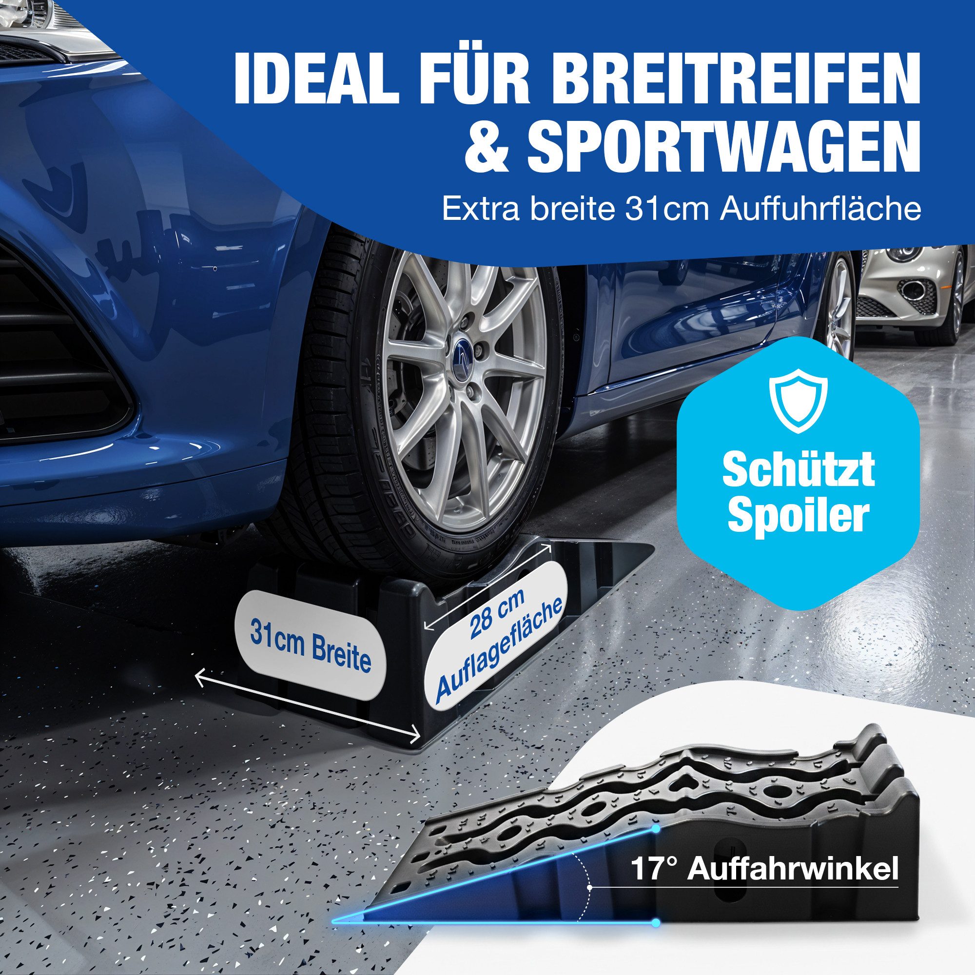 NTG Nutzfahrzeug Technik GmbH Auffahrrampe PKW Auffahrrampen (2er Set) bis 3000 kg Auffahrkeile aus Kunststoff (Hochbelastbar, Auffahrwinkel von 17), Antirutsch + Stapelbar - Passend für jedes Auto