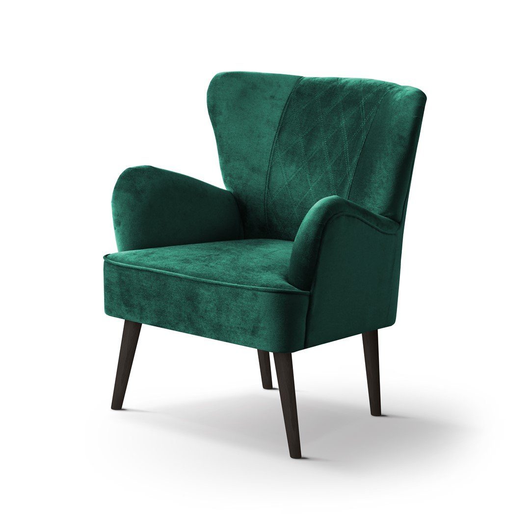 Beautysofa Sessel für (kronos Stil, Holzbeine mit in Marineblau skandinavisches velours, aus Nähen 09) (Polstersessel Wohnzimmer), Hagi dekoratives