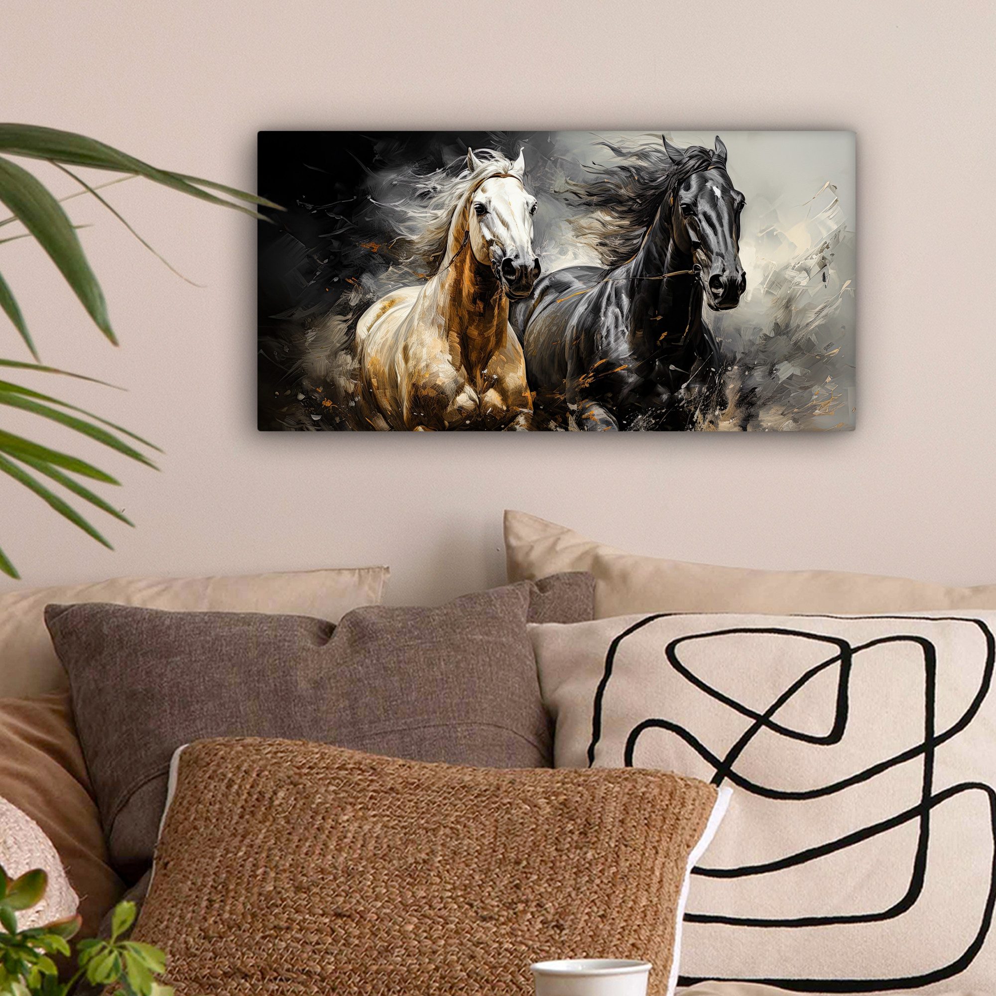 OneMillionCanvasses® Leinwandbild Panorama Pferde - Schwarz - Weiß - Tiere, günstig online kaufen