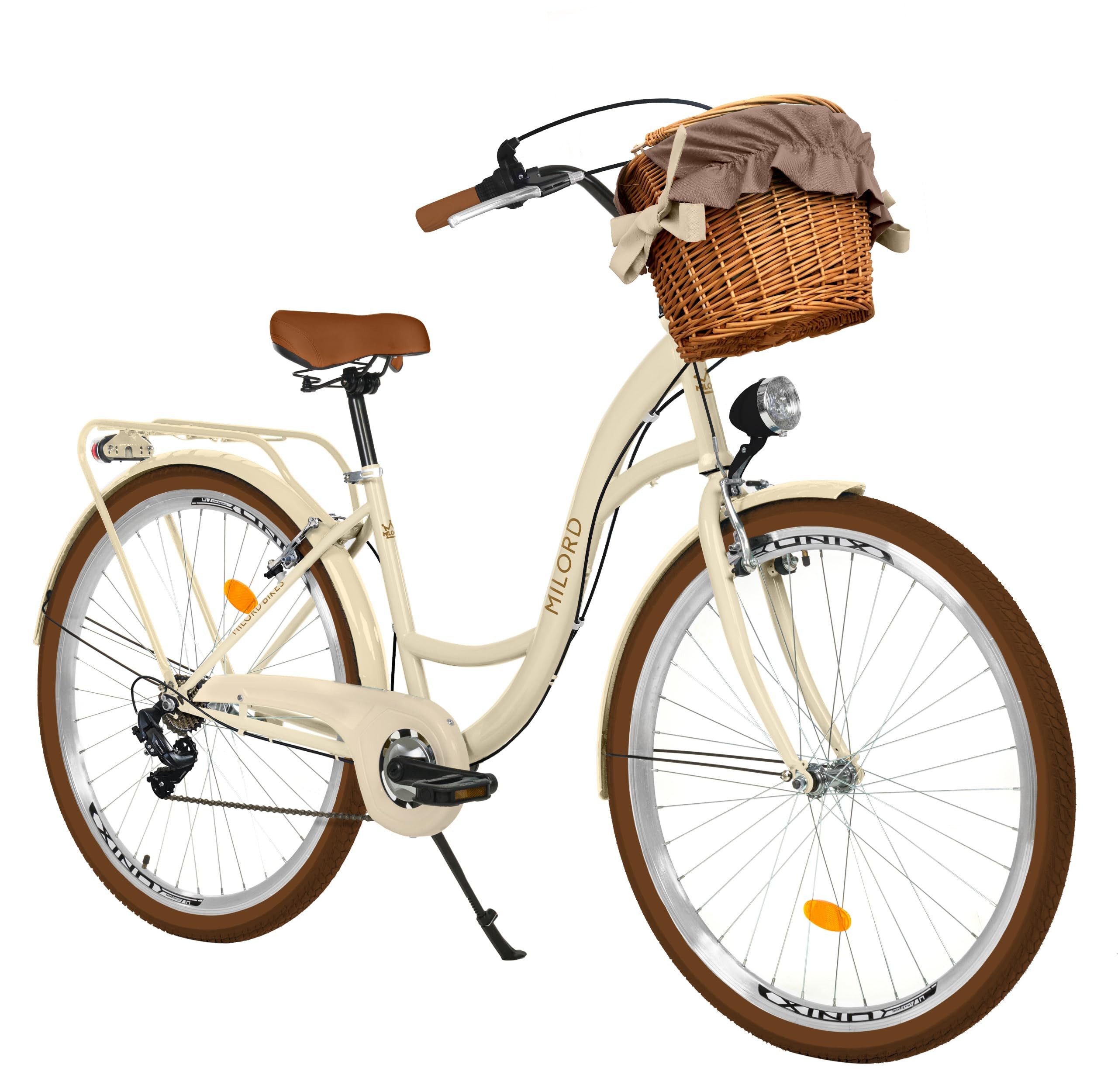 Milord Cityrad Milord Fahrrad Weidenkorb Damenfahrrad, 28 Zoll Beige-Braun 7-Gang, 7 Gang, (Fahrradständer, Gepäckträger, Klingel, Korb, Kotflügel)