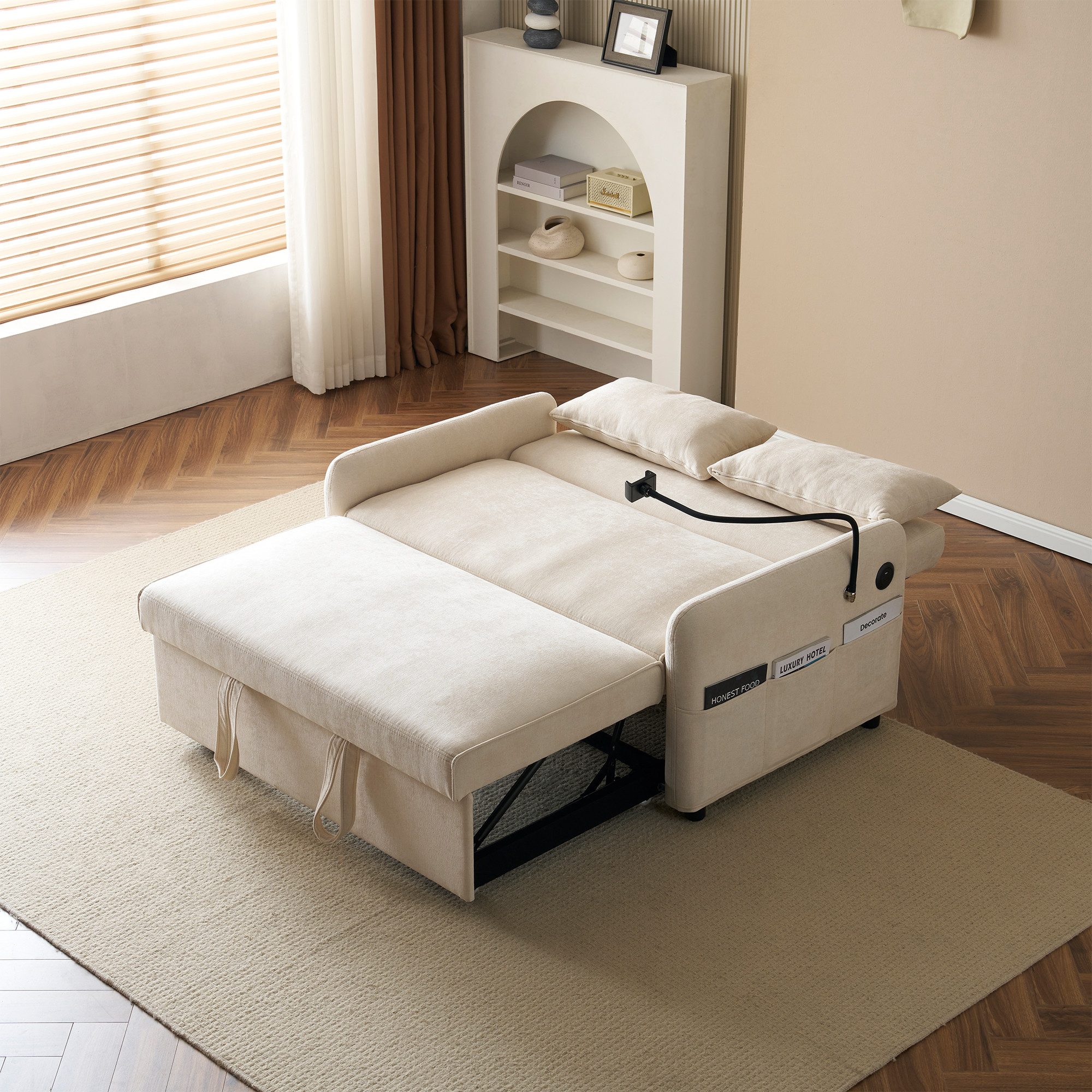 OKWISH Sofa Vielseitiges Doppel-Klappschlafsofa, Küchensofa Kindersofa Loungesofa, mit USB-Ladeanschluss, Handyhalter und verstellbarer Rückenlehne, Ideal für Wohnzimmer, Schlafzimmer und Heimkino