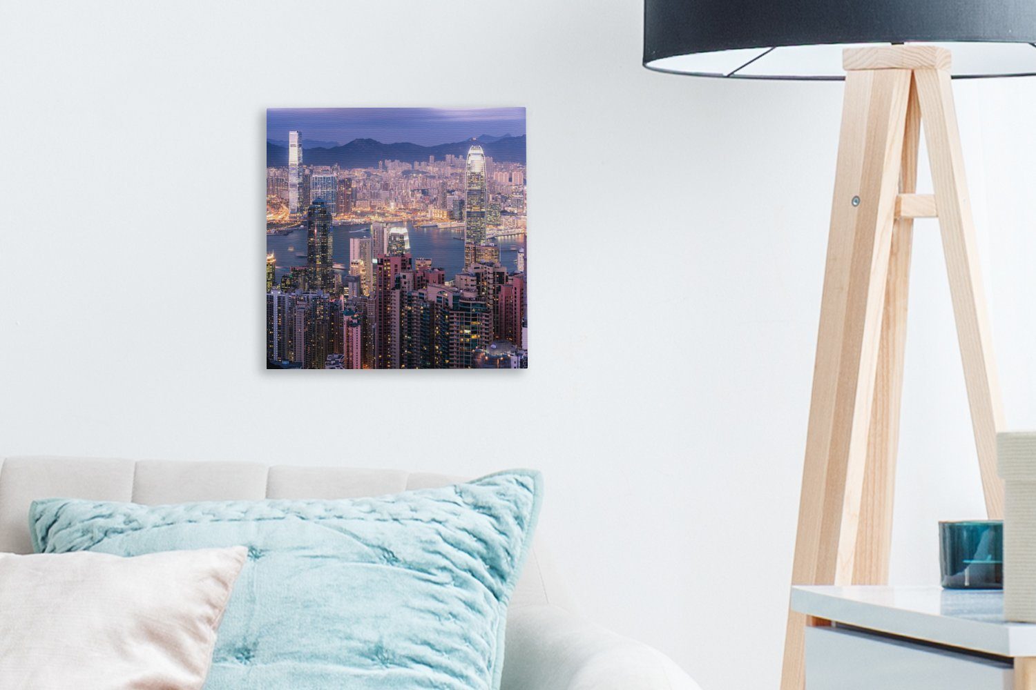 Hongkong Wohnzimmer Licht, Bilder Wohnung OneMillionCanvasses® St), Leinwand für (1 Schlafzimmer Leinwandbild - -