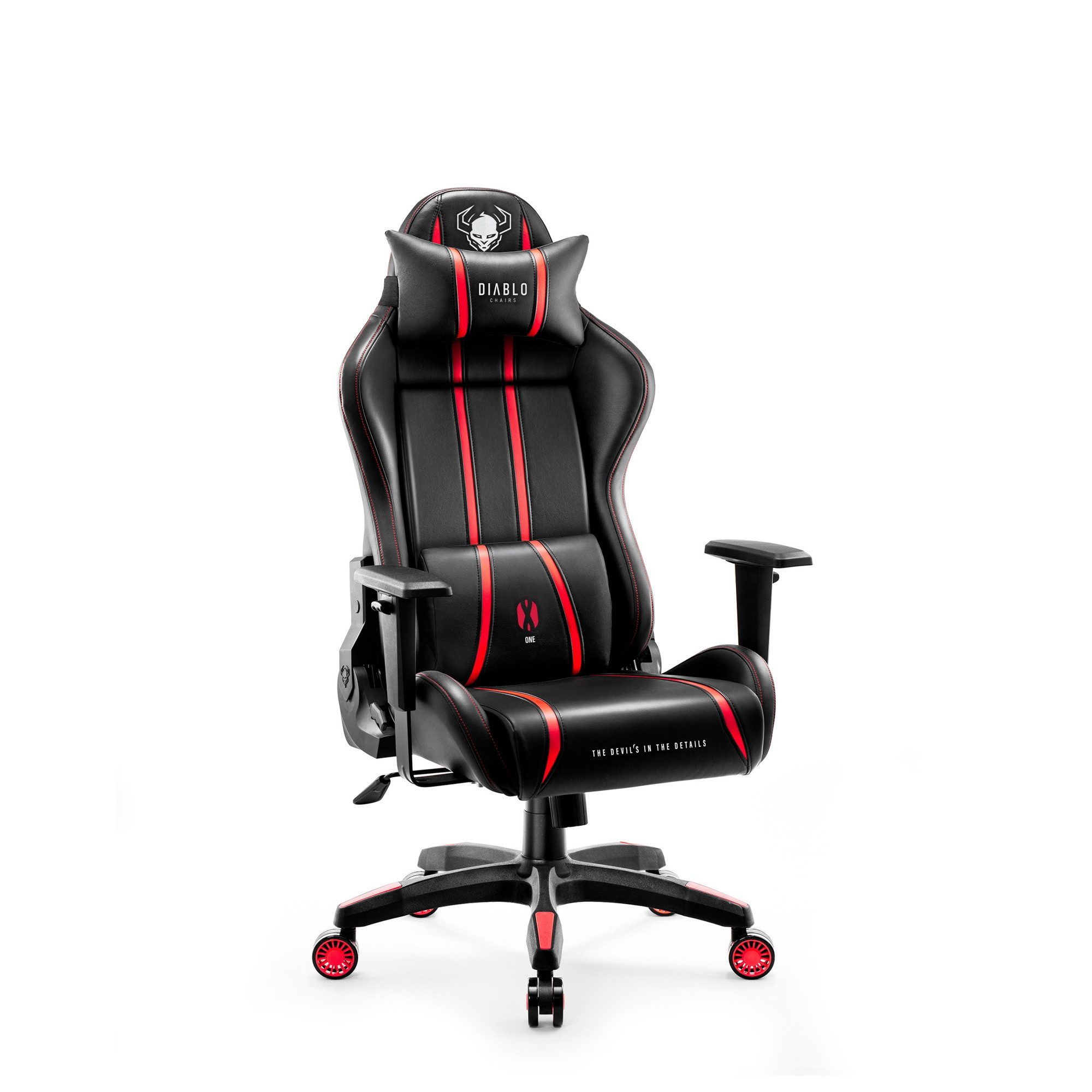 DIABLO CHAIRS Gaming-Stuhl X-One 2.0 HDS Ökoleder ergonomisch TiltTech Armlehnen Kopfstütze (Klasse-4-Gasfeder, Gummiräder bodenschonend, Kids S Normal L King XL), Lendenkissen Wippfunktion Metallbasis 3 Größen