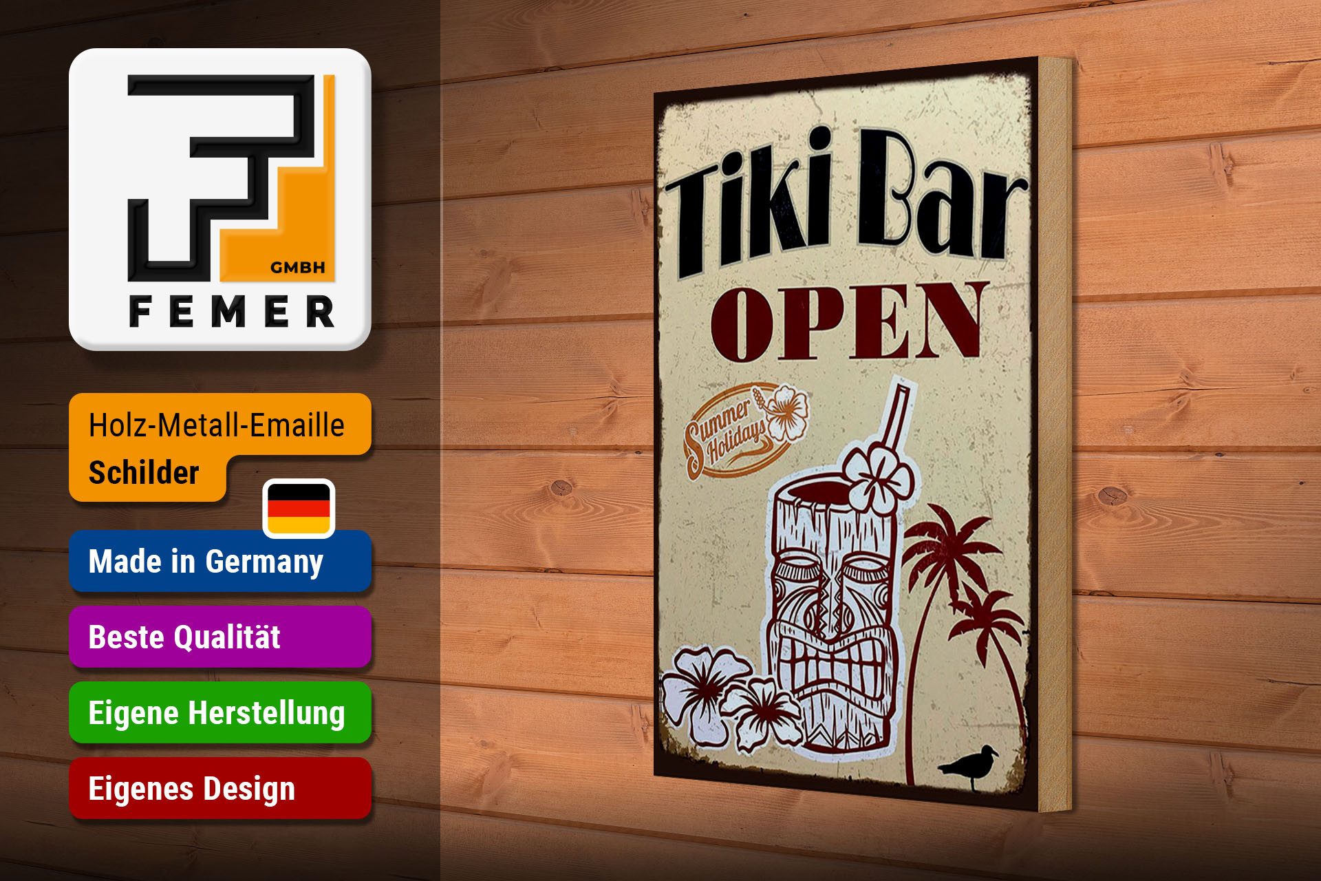 Femer GmbH Holzbild Reklame 20x30 cm Tiki Bar open, (1 St), Glatte Holzfaserplatte (MDF), vorn beschichtet