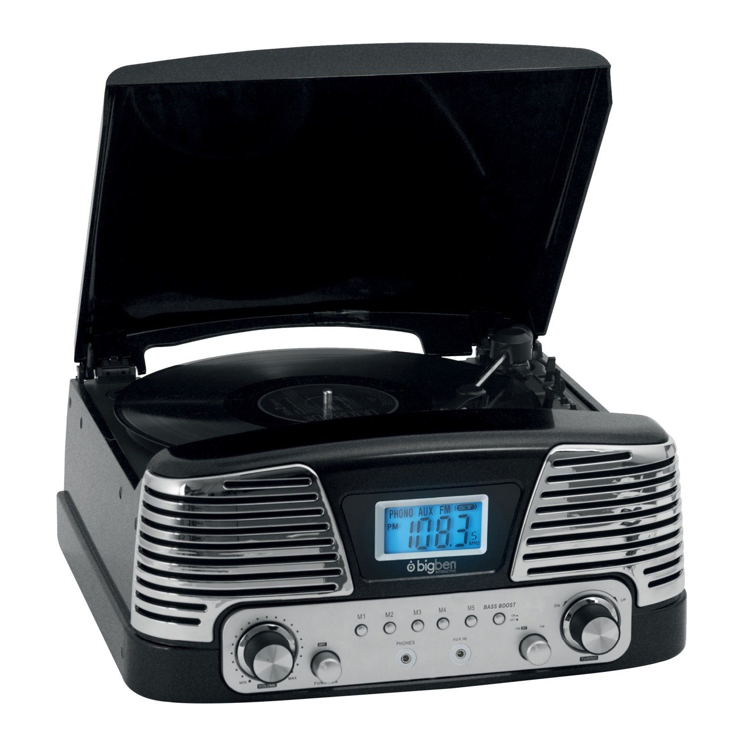 Radio Verstärker, Plattenspieler mit BigBen Kompakt-Anlage Display, (Stereo AUX) Radio, Audio-System