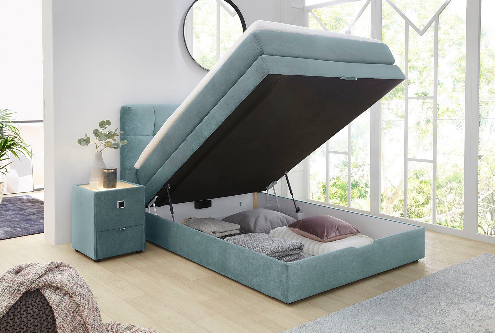 Jockenhöfer Gruppe Boxspringbett AMY in Samt, erhältlich in den Breiten 120cm & 140cm, mit Bettkasten und Topper