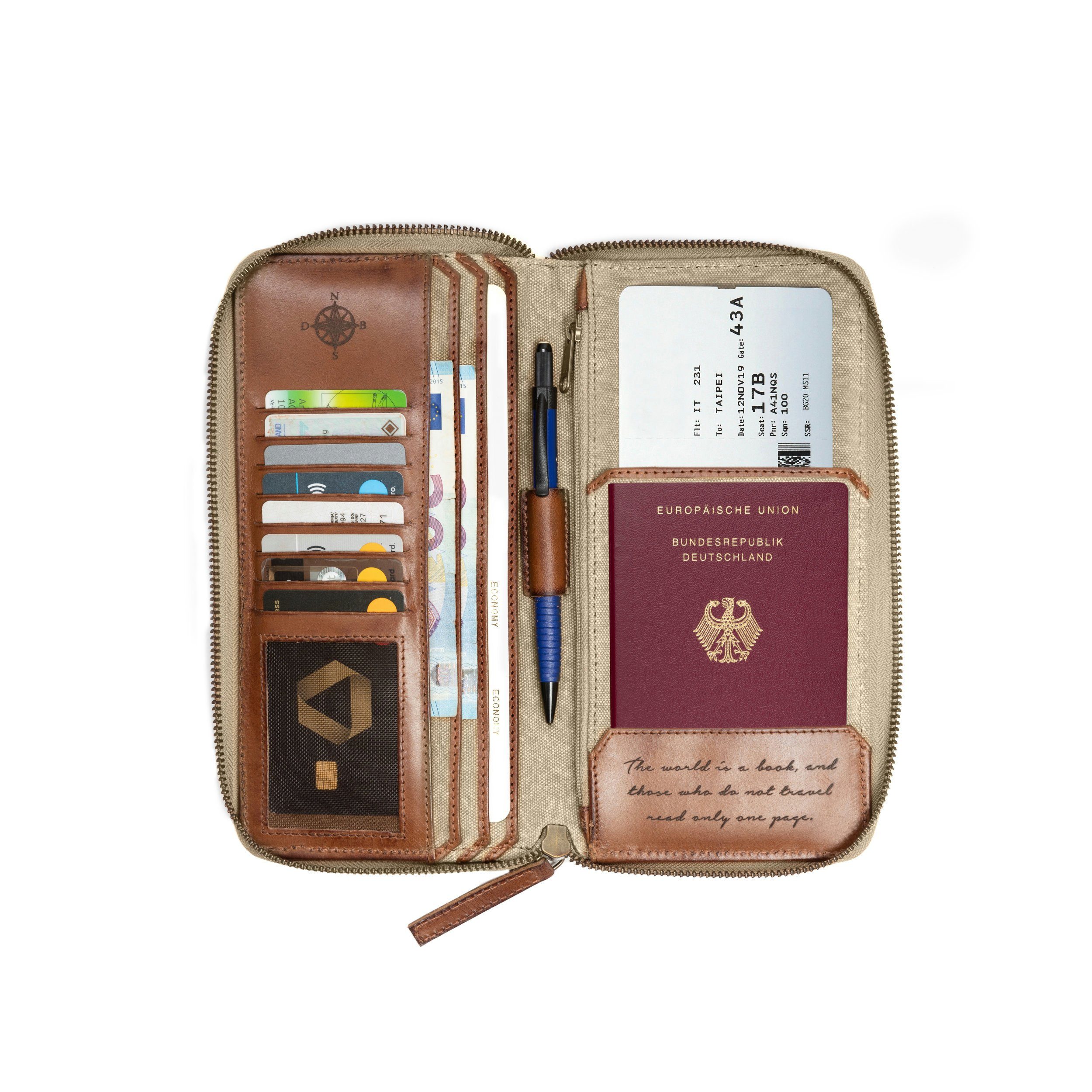 DRAKENSBERG Brieftasche Reisegeldbeutel Reise-Organizer und mit große aus Khaki-Beige, Reisebrieftasche Canvas RFID »Travis« Schutz