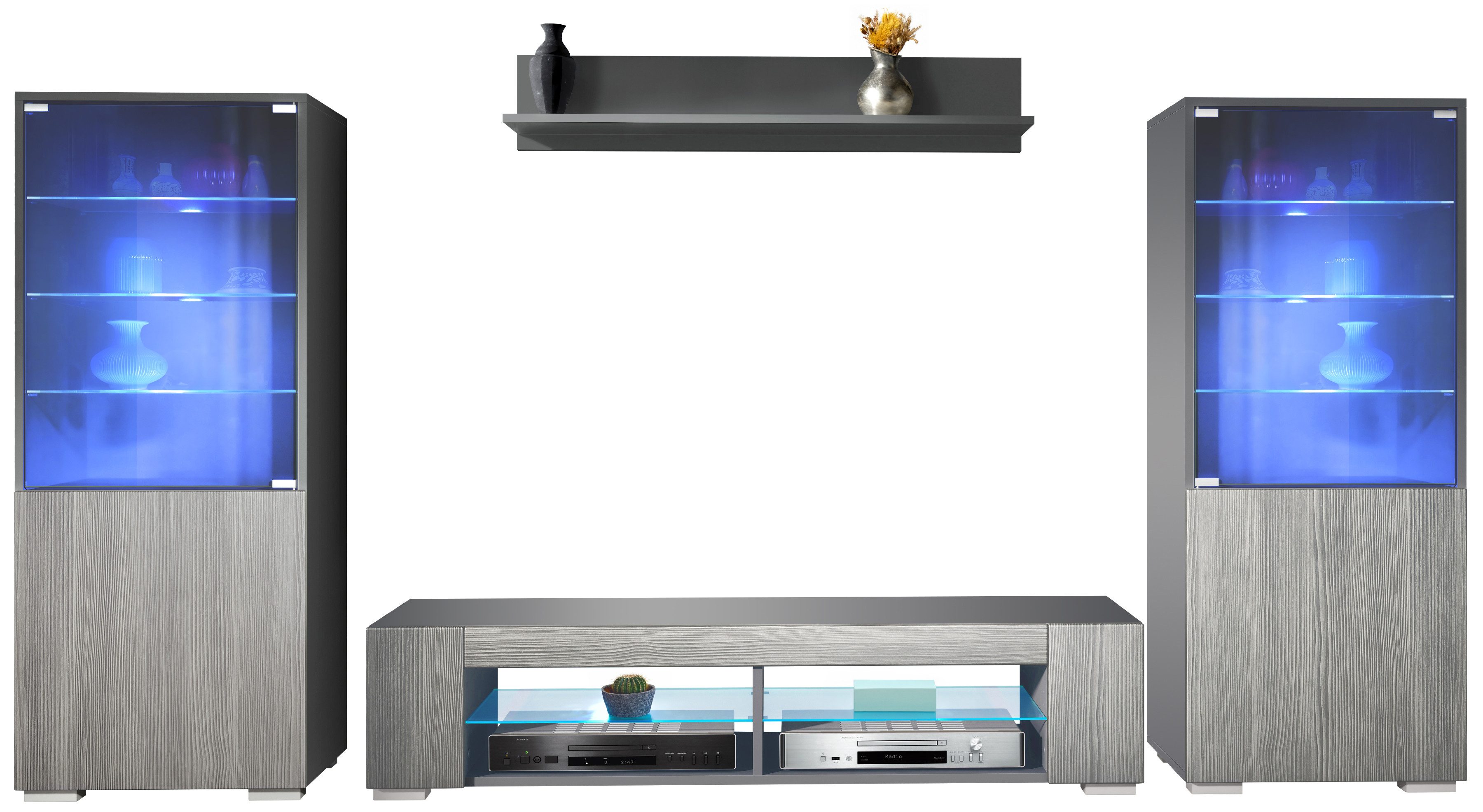 Vladon Wohnwand Nevada V2, (Anbauwand, bestehend aus 2 Vitrinen, 1 TV-Board und 1 Wandregal inkl. LED), Anthrazit matt/Avola-Anthrazit (304,5 x 141 x 39 cm)