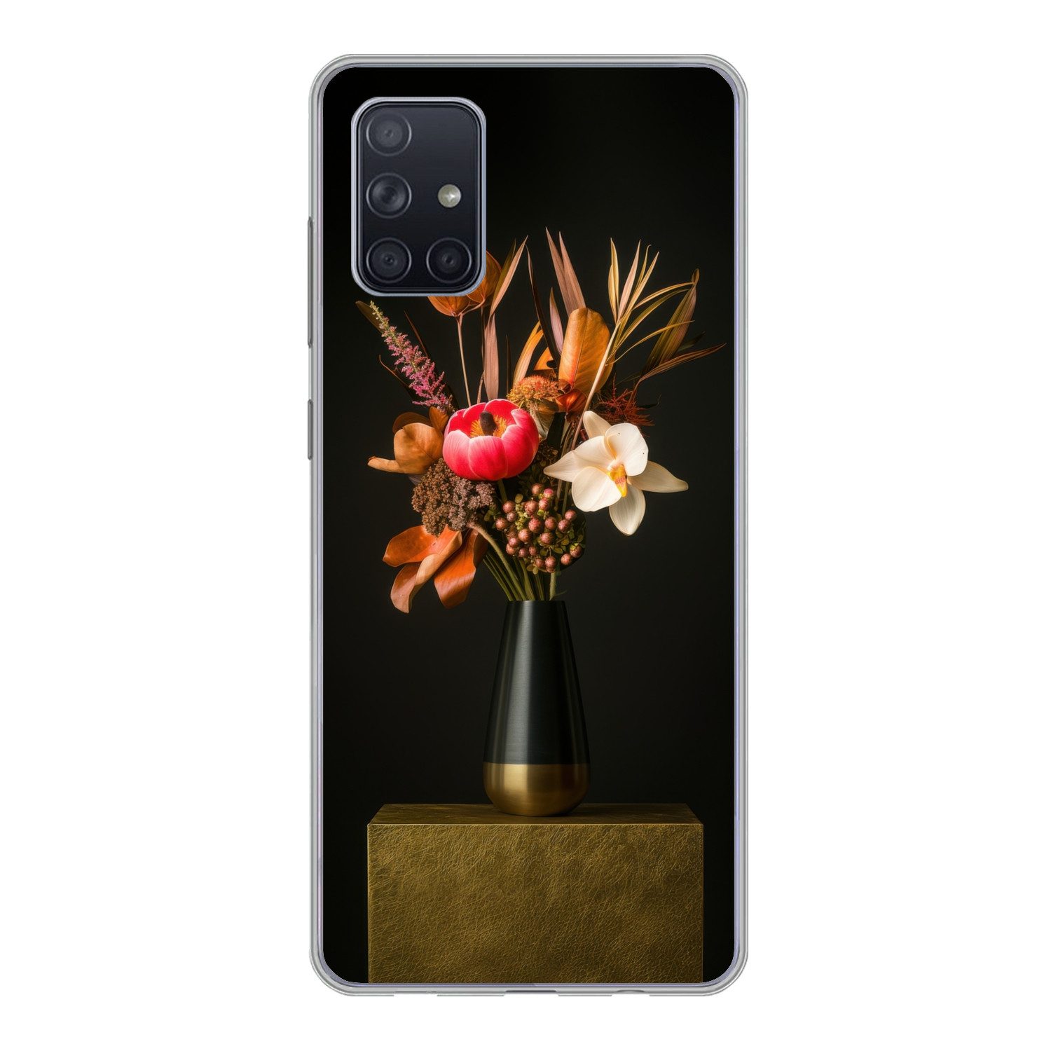 MuchoWow Handyhülle für Samsung Galaxy A51 Blumenstrauß - Orange - Gold - Vase, Smartphone-Bumper, Print, Handy Schutzhülle Dünn