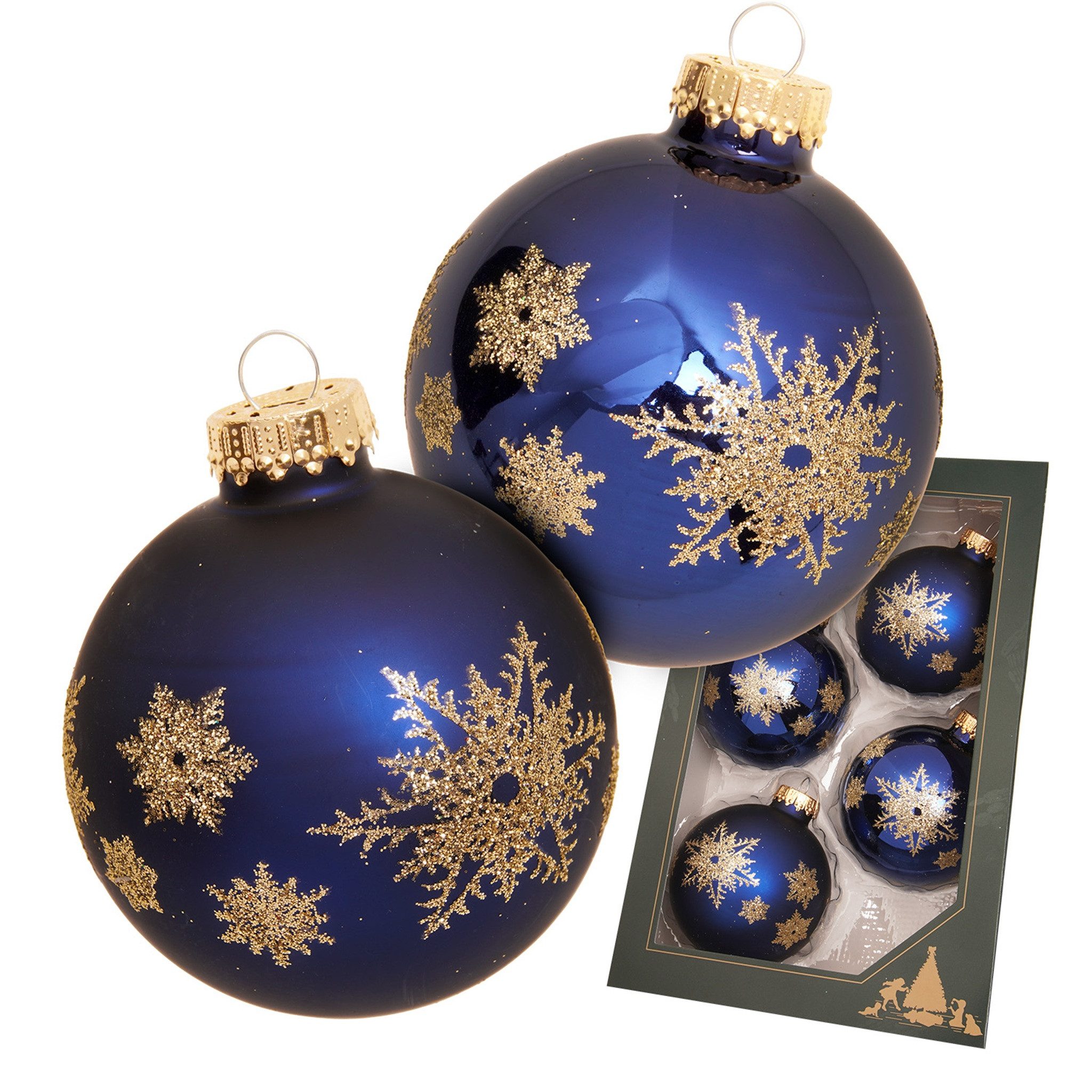 Krebs Glas Lauscha Weihnachtsbaumkugel Glaskugel 4er Set - Blau mit goldene günstig online kaufen