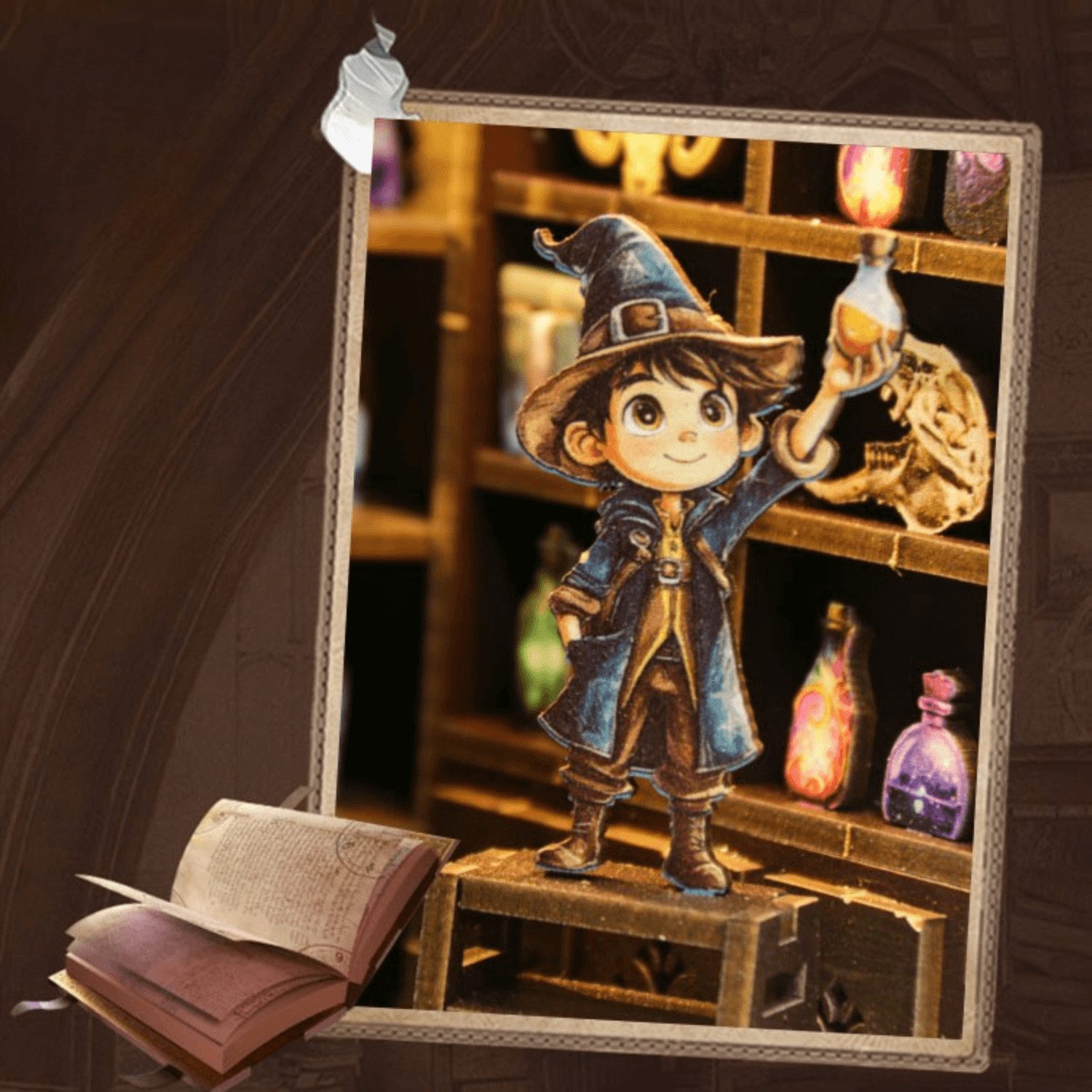 MagicHolz Buchstütze Alchemy Master Diorama aus Holz, mit LED-Beleuchtung – Bild 4 von 5