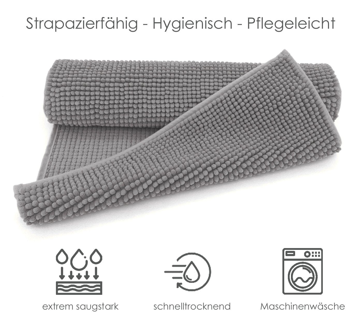 heimtexland Badematte Badvorleger Chenille Badteppich Duschvorleger, rutschhemmend beschichtet, Fußbodenheizung geeignet, schnell trocknend, strapazierfähig, fußbodenheizungsgeeignet, rutschfest, saugstark, Polyester, rechteckig, Set 45x50 / 50x80 cm, Hochflor, super weich, extrem saugfähig, Maschinenwäsche