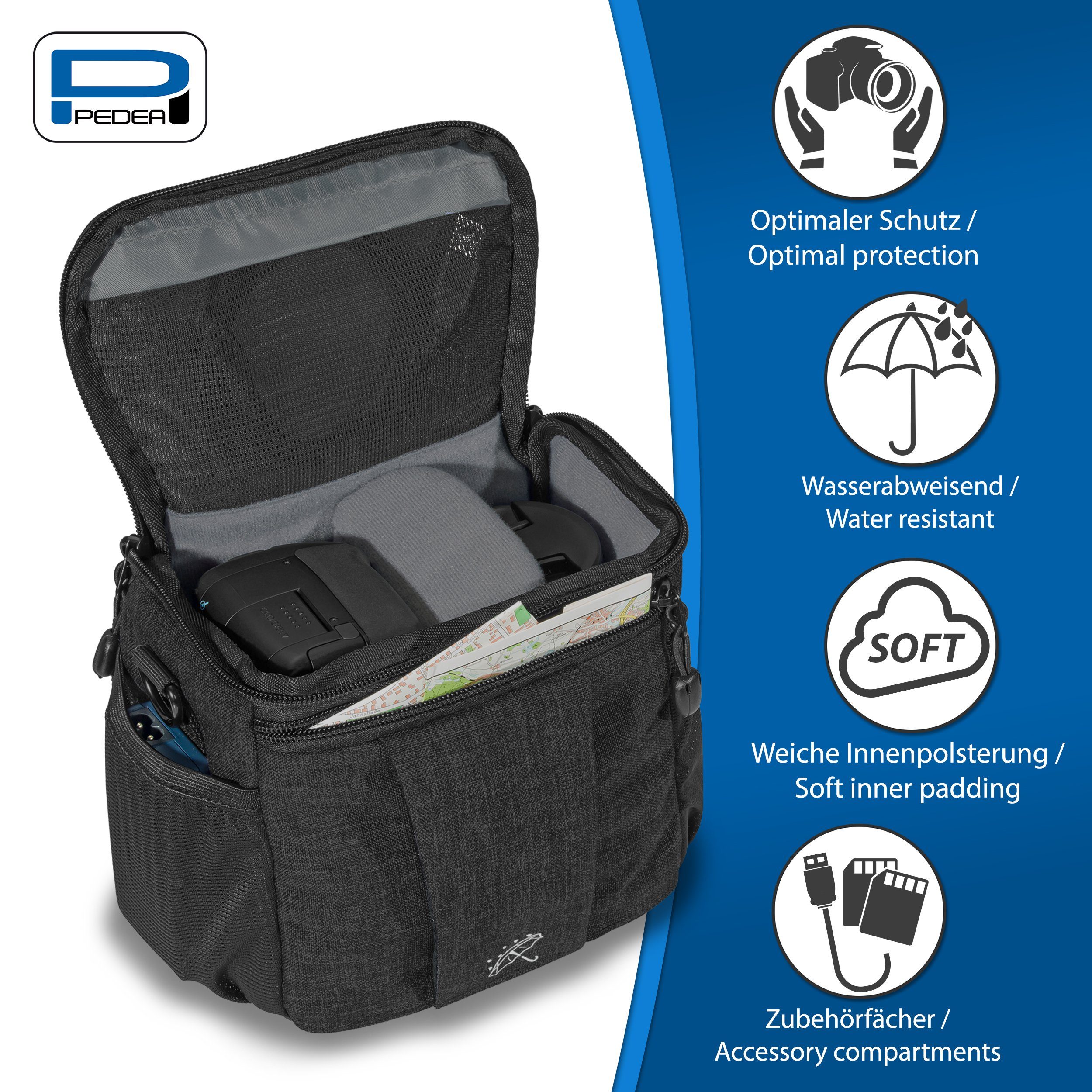 PEDEA Kameratasche FASHION L Fototasche gepolstert, mit Gurt und Zubehörfächer, Größe L / Regenschutz, Schultergurt, Zubehörfächer