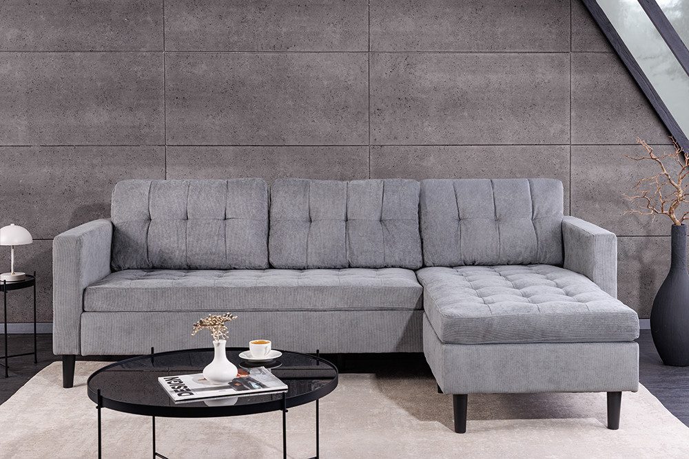 riess-ambiente Ecksofa STOCKHOLM 220cm grau · Couch mit Cordbezug und Federkern-Polsterung, Einzelartikel 1 Teile, 3-Sitzer in L-Form · inkl. Kissen · Ottomane rechts & links · Retro