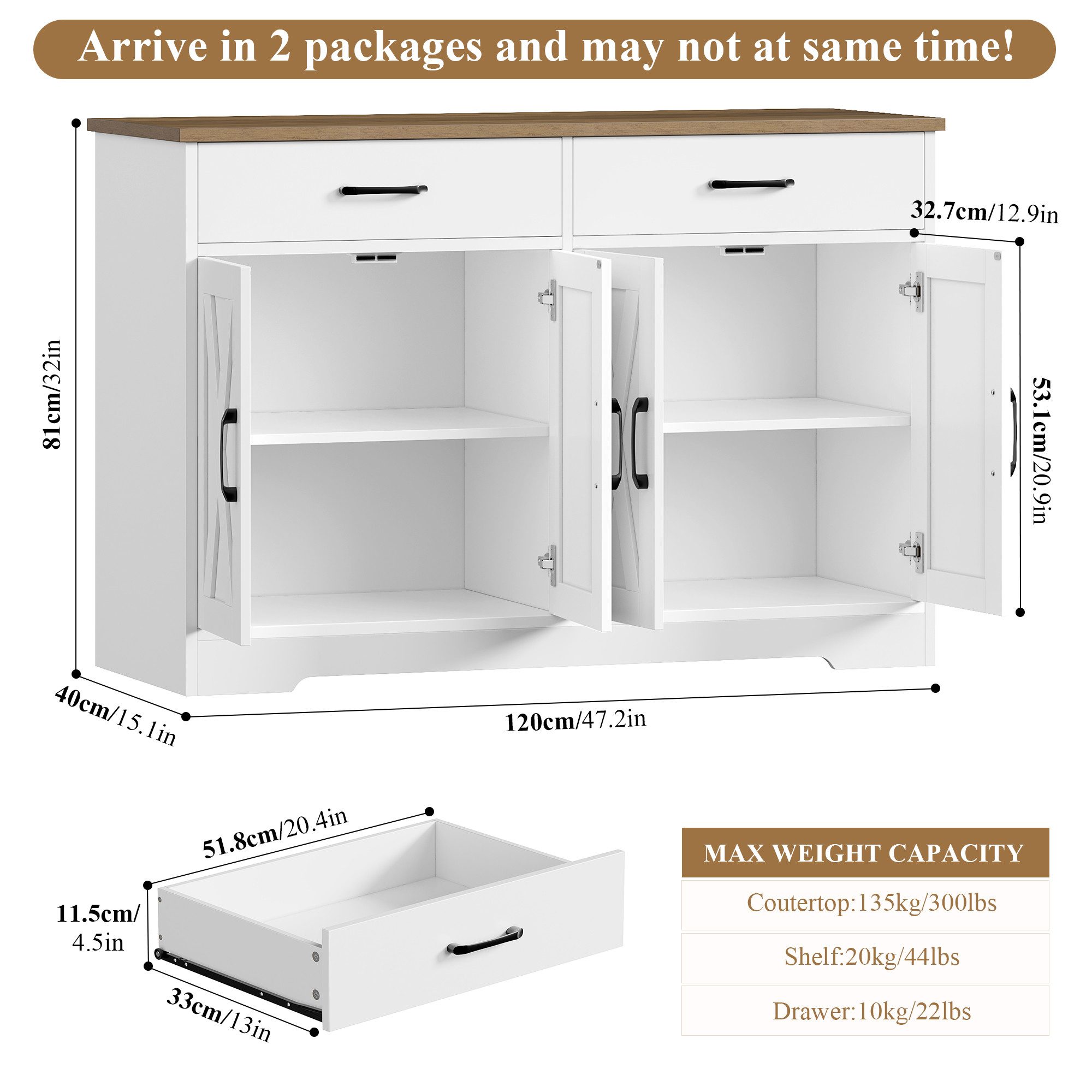 HOMECHO Buffet 120cm Breit Küchenschrank mit Arbeitsplatten, 2 Schubladen, günstig online kaufen