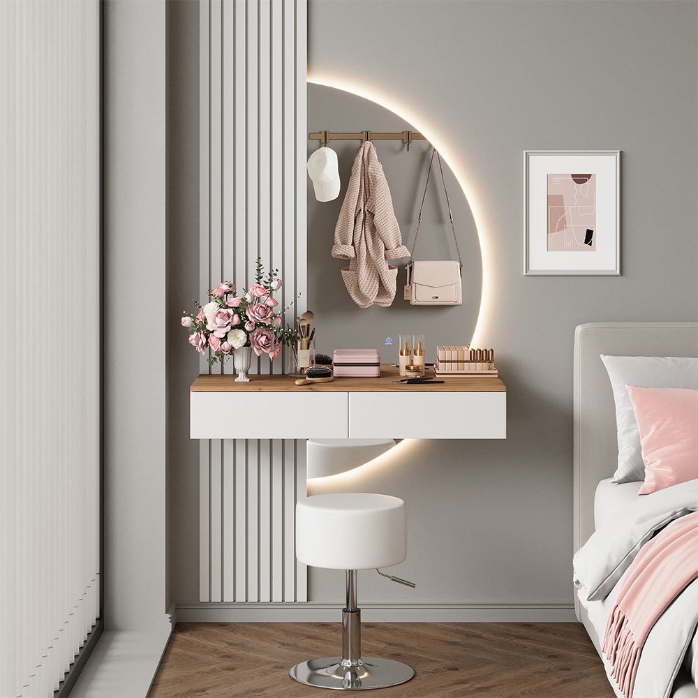 Vicco Schminktisch Melina, Weiß/Eiche, 100 cm mit LED-Spiegel und Hocker (2-St)