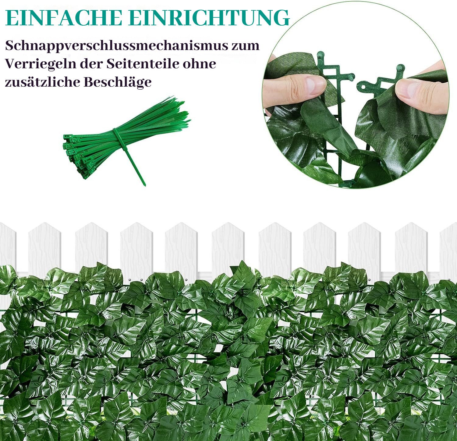 BlingBin Gartenzaun Künstliche Blätter Efeu Hecke Sichtschutz Windschutz Balkonverkleidung, (1er Set, 1-St., mit 20 Kabelbinder), 0.5X3M