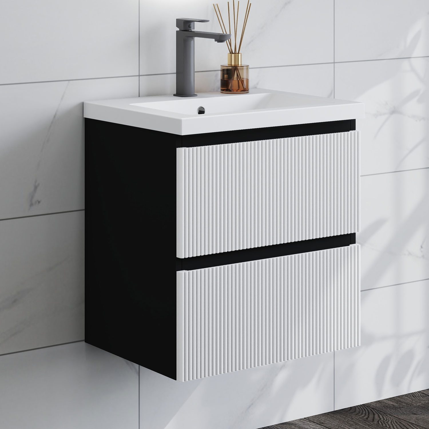 duschspa Waschtisch Waschbecken mit Unterschrank Badmöbel Set Hängeschrank, Weiß/Schwarz, 50-120 cm