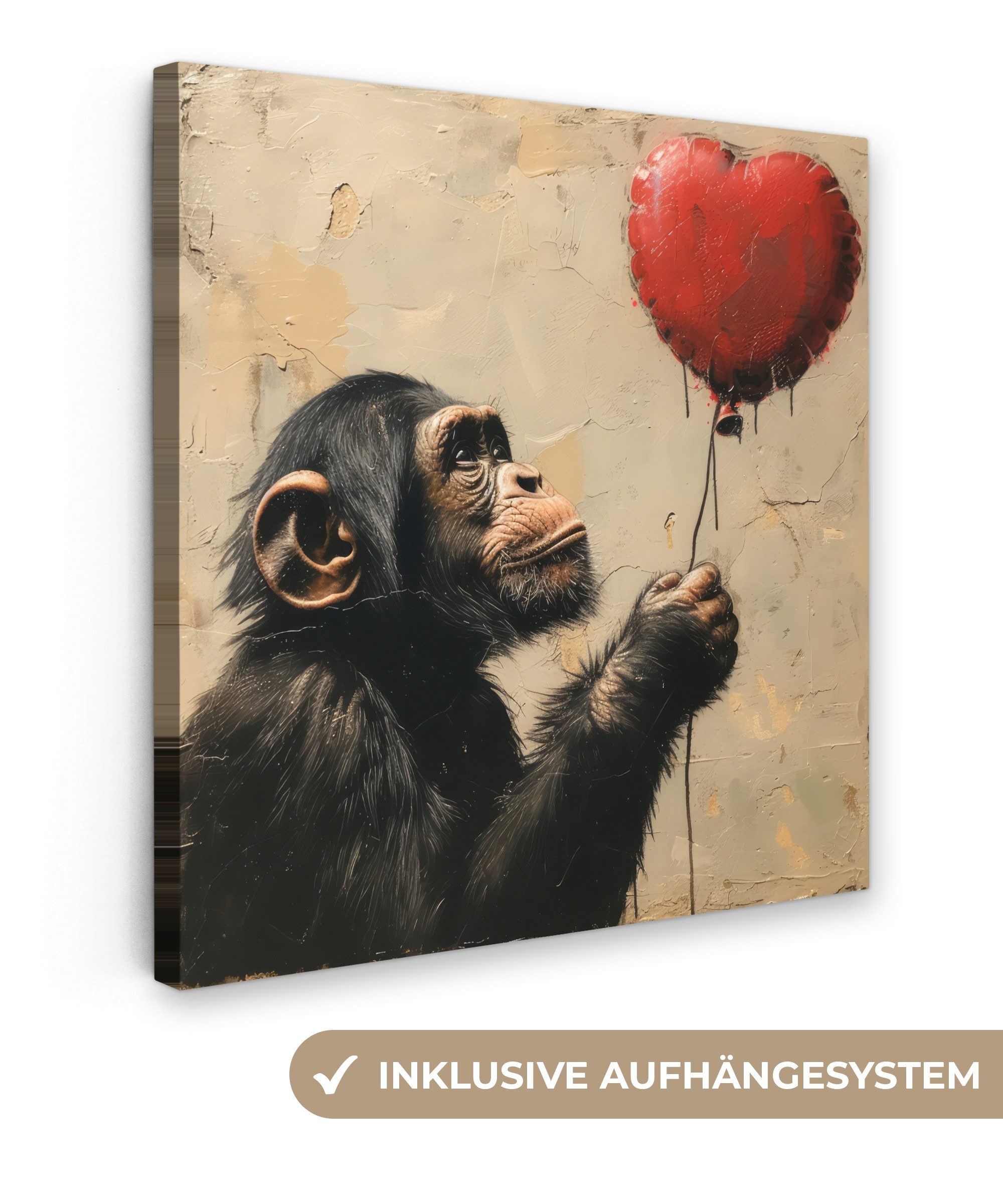 OneMillionCanvasses® Leinwandbild Straßenkunst - Schimpanse - Luftballon - Graffiti - Banksy-Stil, Fotodruck (1 St), Leinwand Bilder, Zimmer Wand Bild Dekoration 50x50 cm