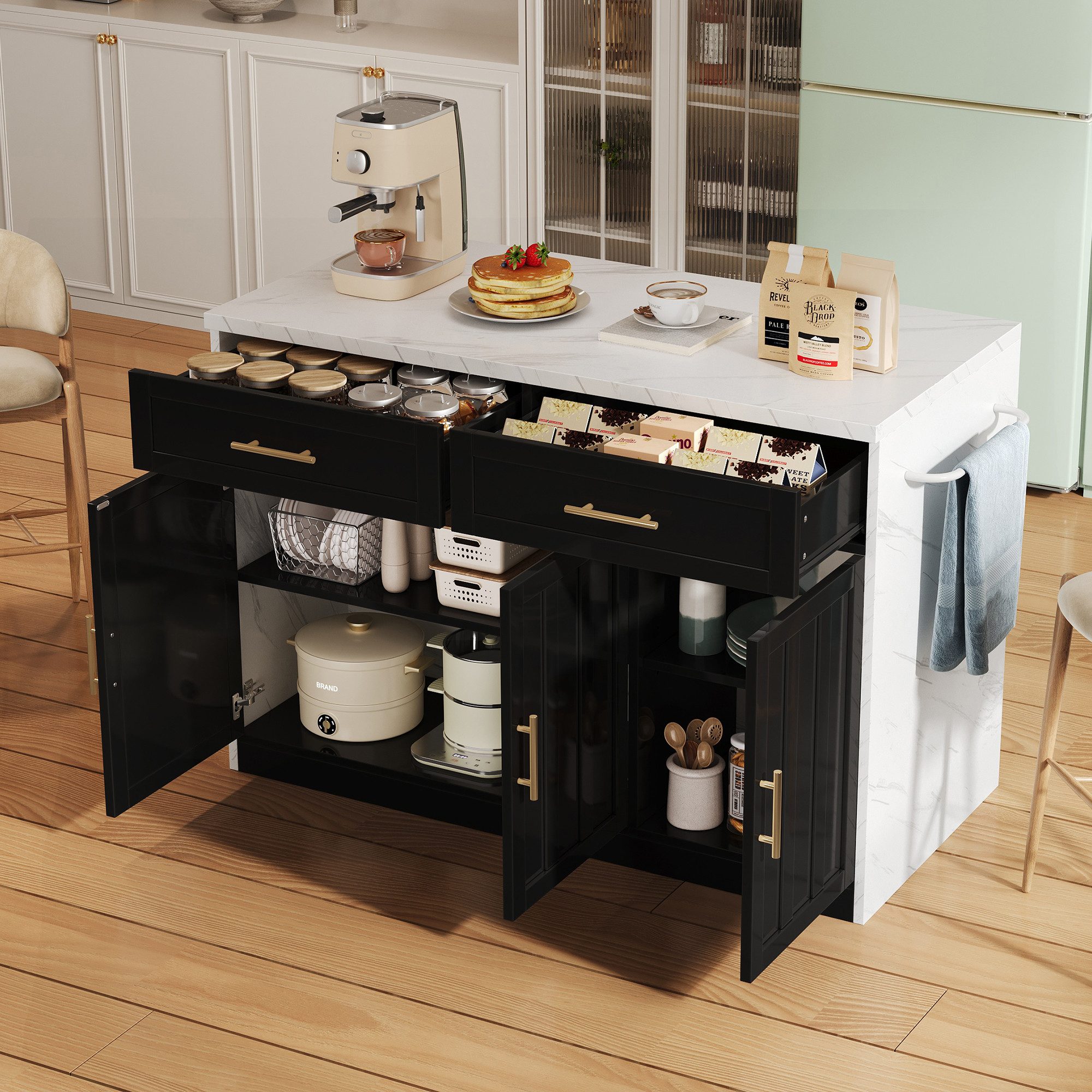 Flieks Кухниinsel mit Steckdosen, USB-Anschlüsse und verstellbare Einlegeböden, (Arbeitsplatte in Marmoroptik, 120x60x91 cm), Кухниschrank Кухниbuffet mit Schubladen und Handtuchhalter Schwarz