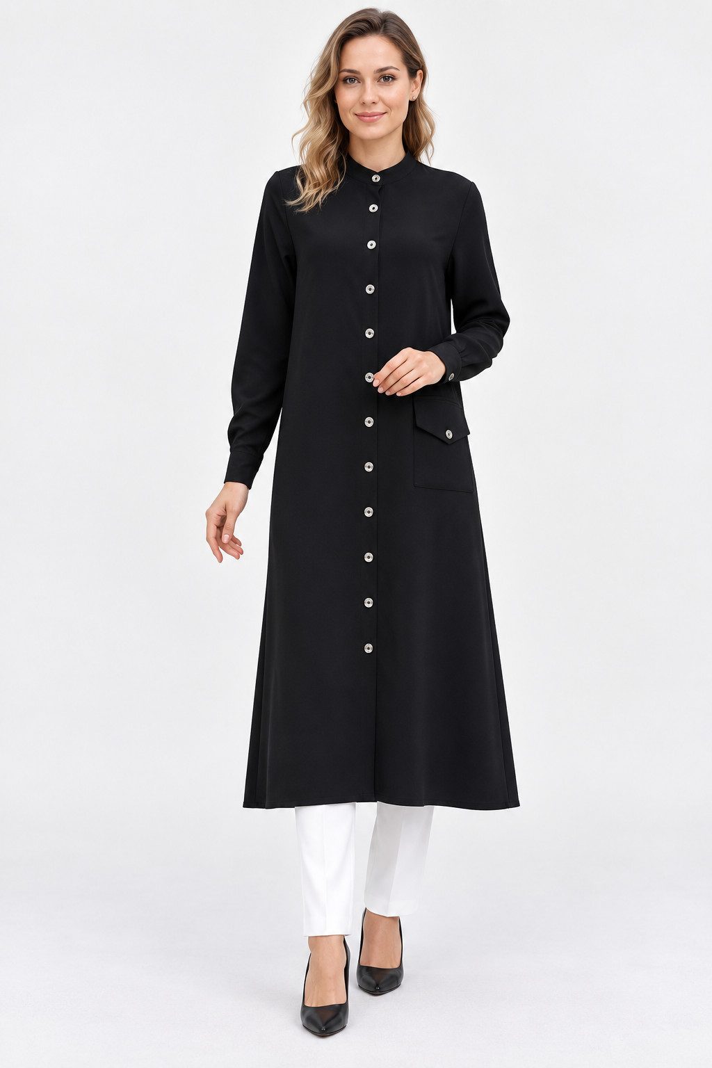 fashionshowcase Longtunika mit Knopfleiste und Stehkragen, lang geschnitten mit Seitenschlitzen Modest Fashion, bedeckender Schnitt, elegante Longform