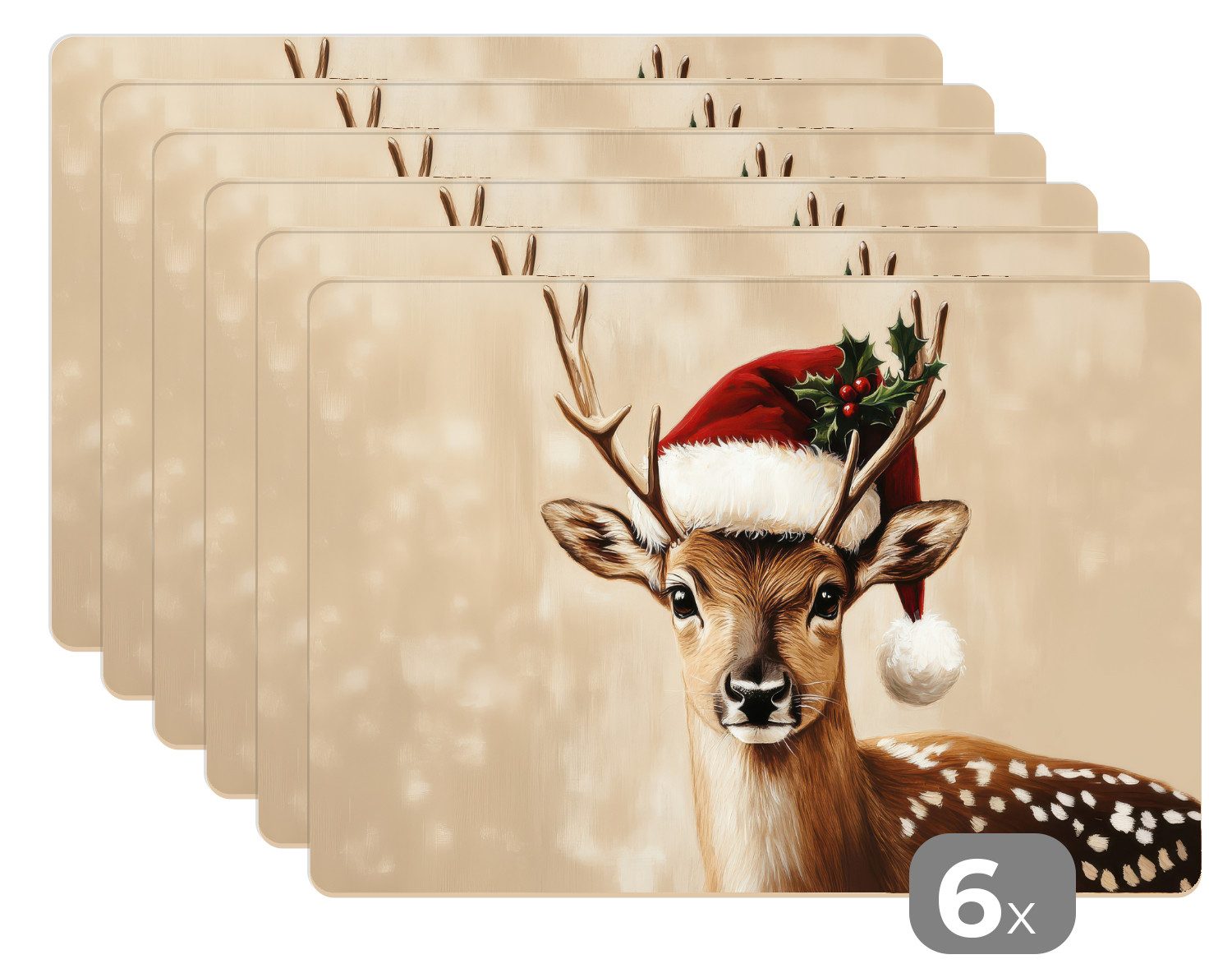 MuchoWow Platzset Weihnachten - Hirsch - Geweih - Rot, (6-St), Platzsets, Tischset, Abwaschbar, Tischsets, Platzdeckchen