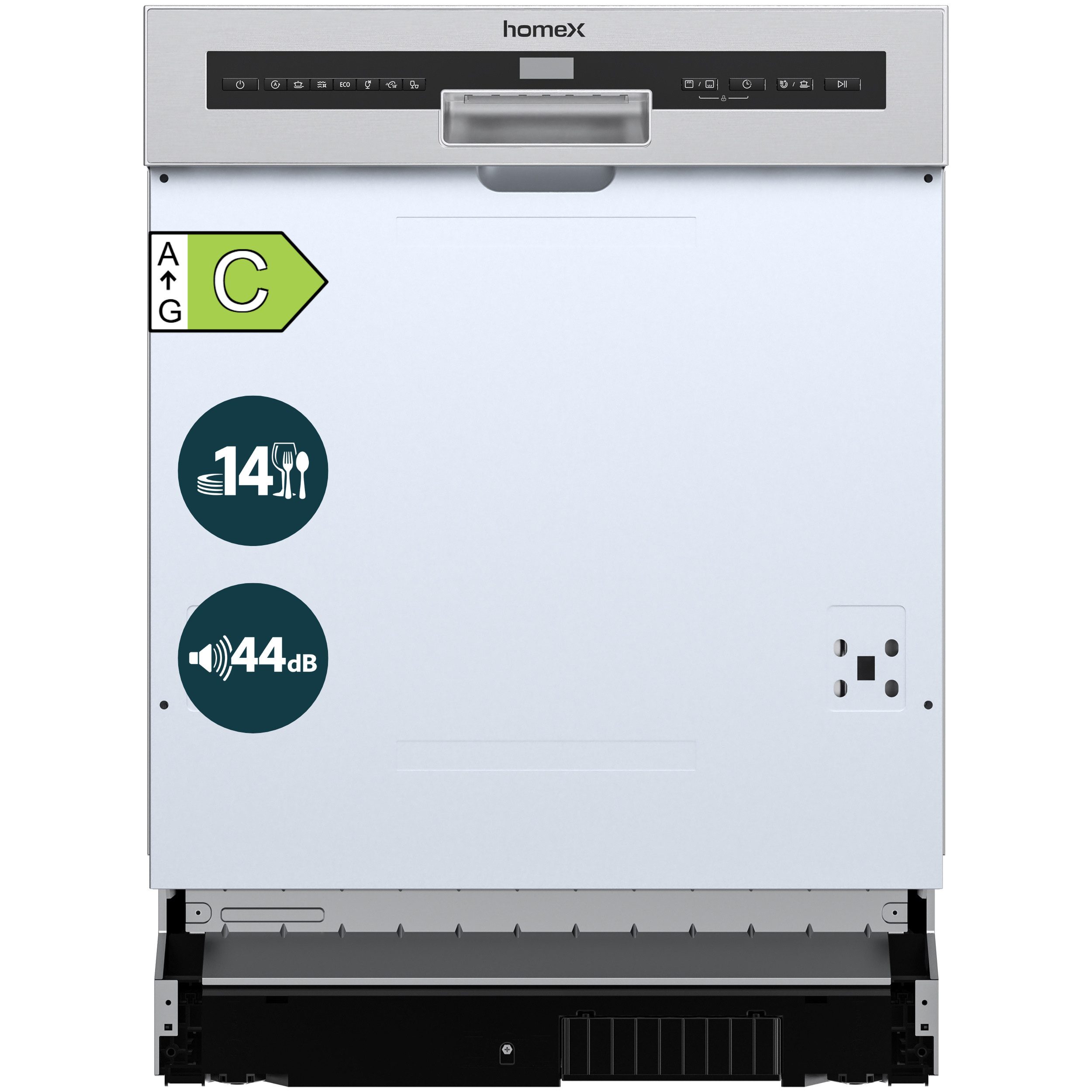 homeX teilintegrierbarer Geschirrspüler DWSI601444C, 10 l, 14 Maßgedecke, Einbau Spülmaschine teilintegriert 60 cm, 14 Gedecke, AquaStop, 44 dB