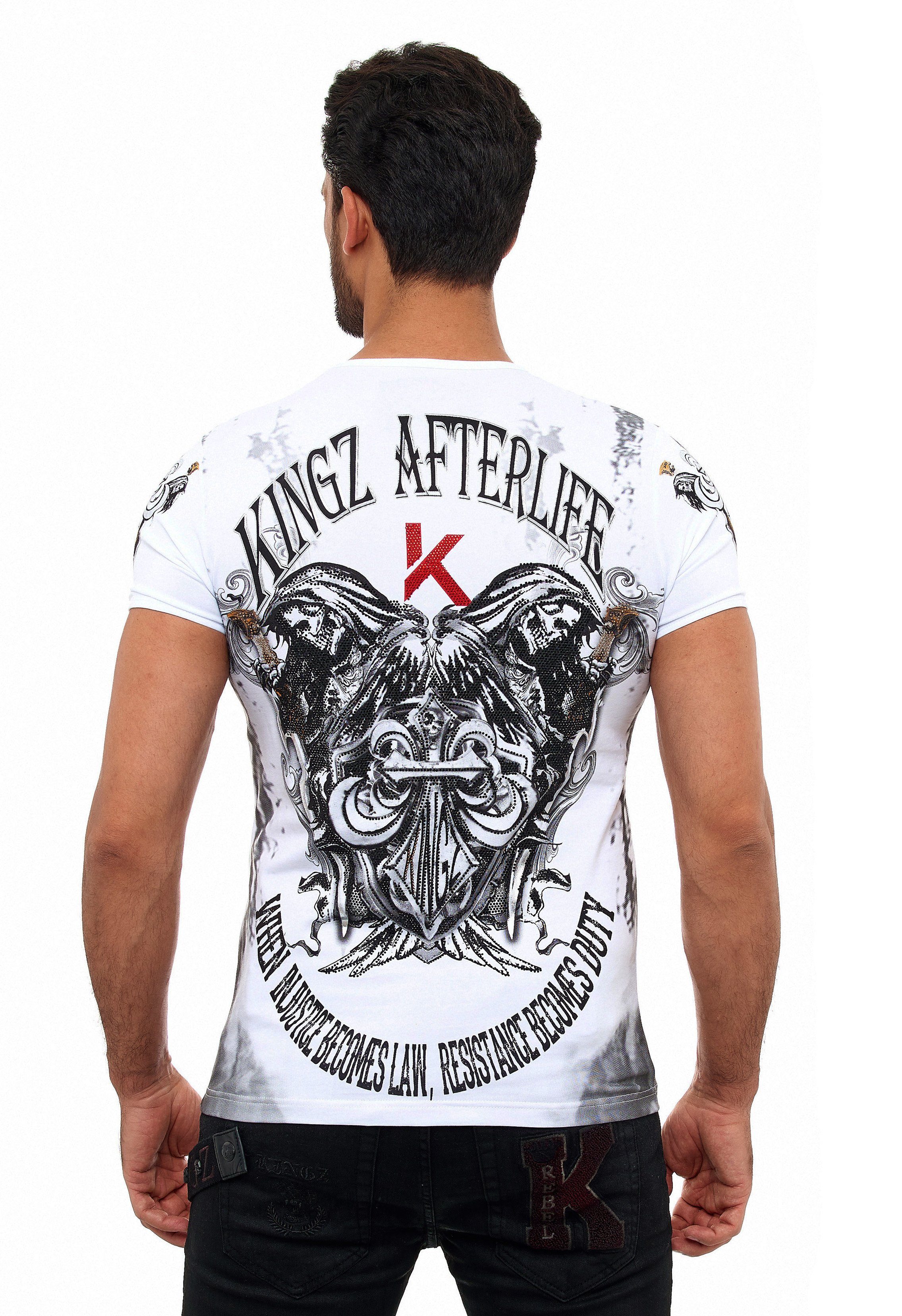 schönem KINGZ Lilien-Motiv T-Shirt mit weiß-silberfarben