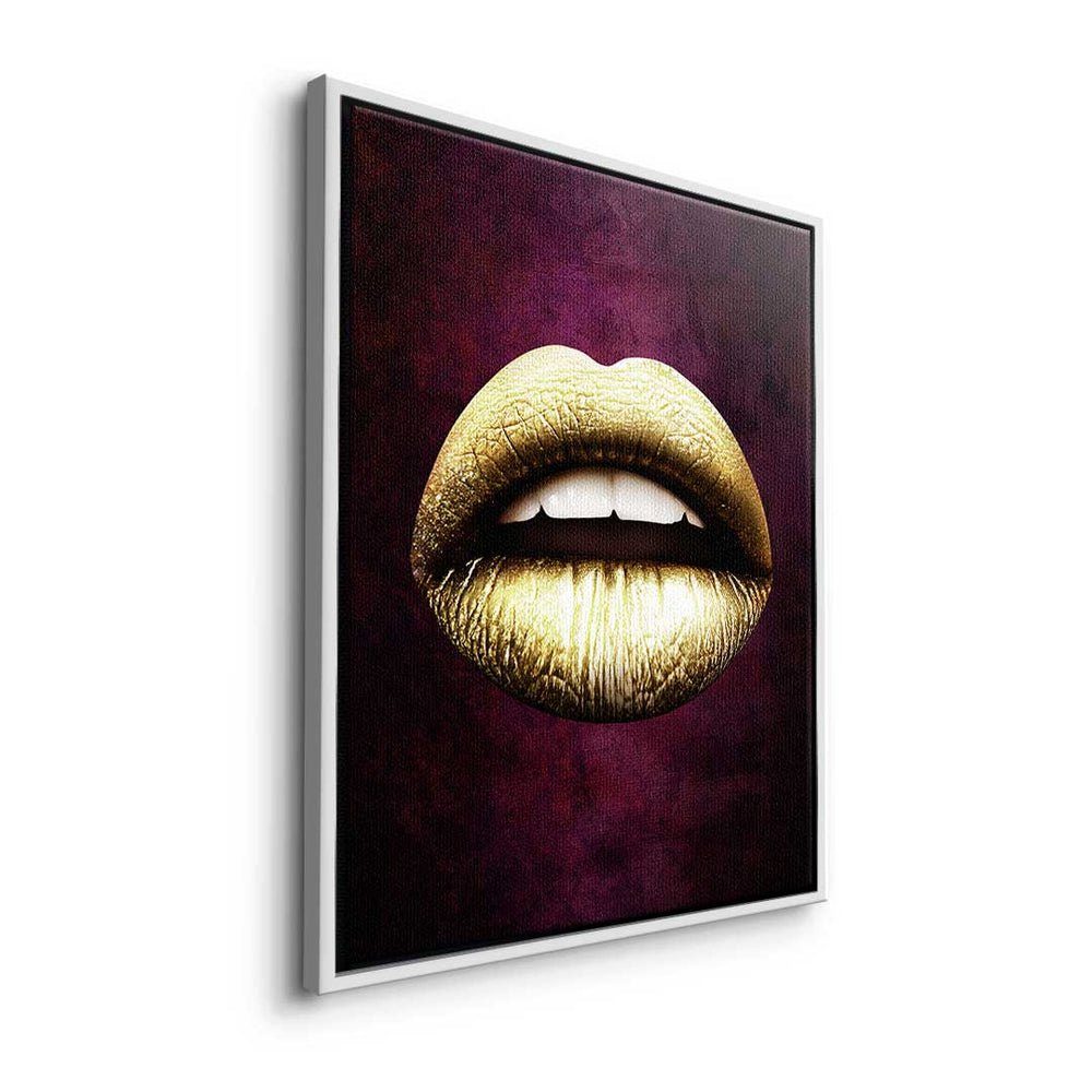 DOTCOMCANVAS® schwarzer Leinwandbild, Leinwandbild Lippen Art - Red Gold & modernes Rahmen Premium Wand - X Pop -