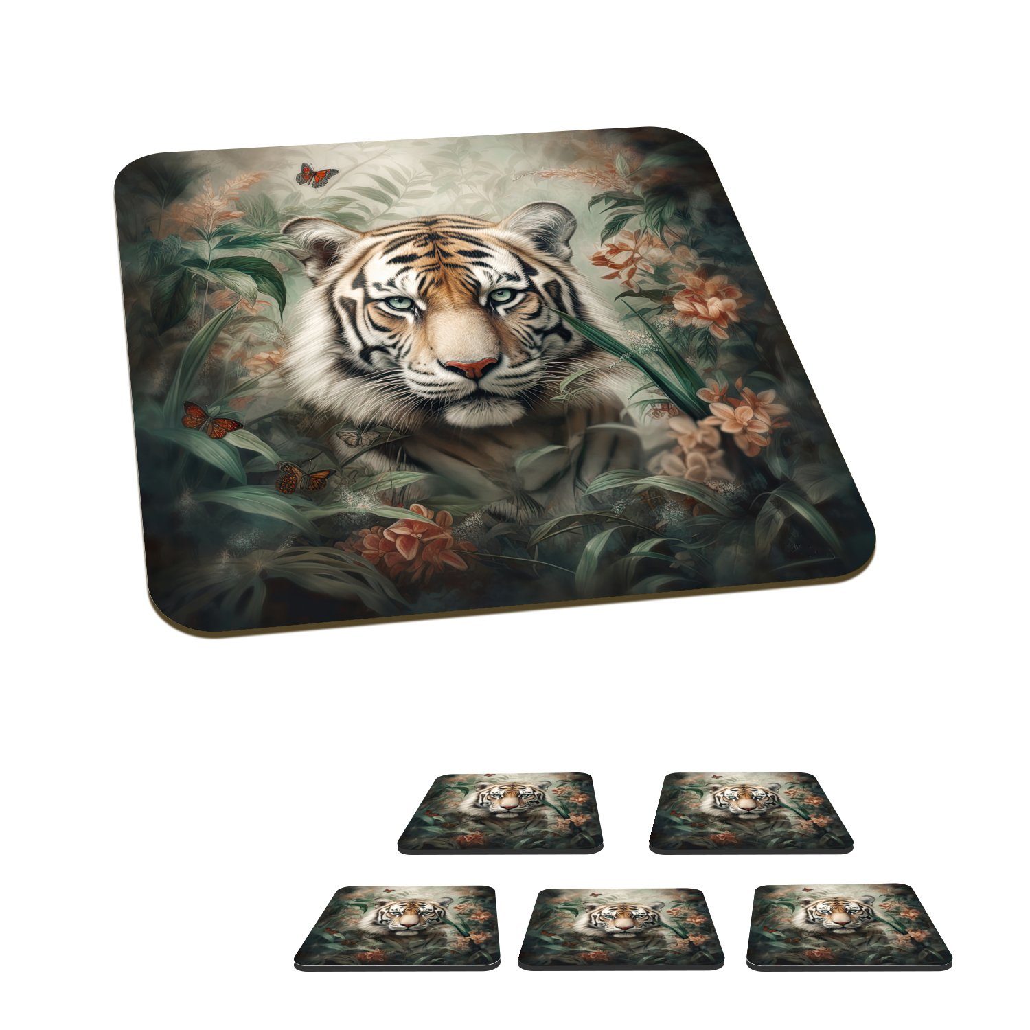 MuchoWow Glasuntersetzer Tiger - Schmetterlinge - Tiere - Dschungel - Blumen, Zubehör für Gläser, 6-tlg., Glasuntersetzer, Tischuntersetzer, Korkuntersetzer, Untersetzer, Tasse