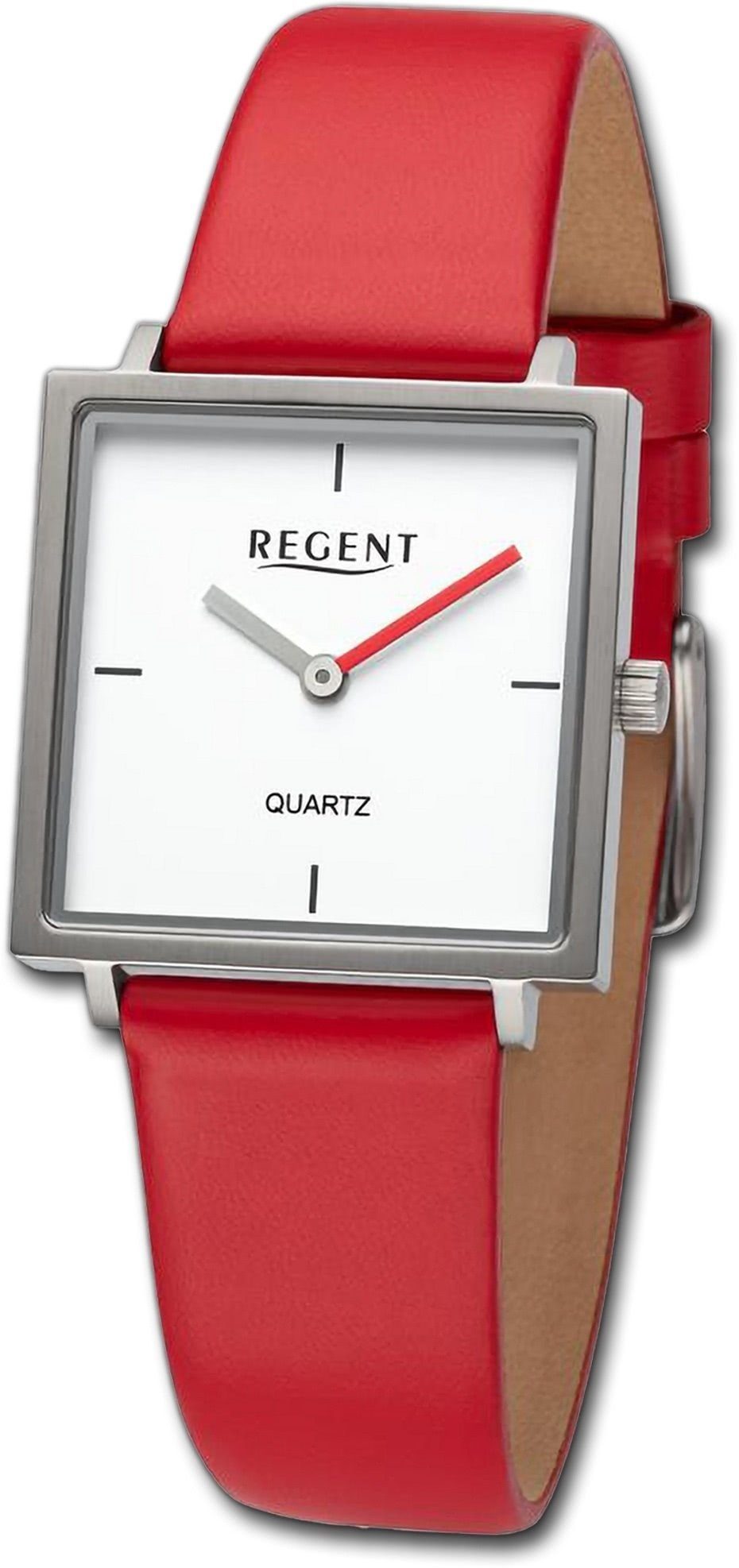 Regent Quarzuhr Regent Damen Armbanduhr Analog, Damenuhr Lederarmband rot, rundes Gehäuse, extra groß (ca. 28x28mm)