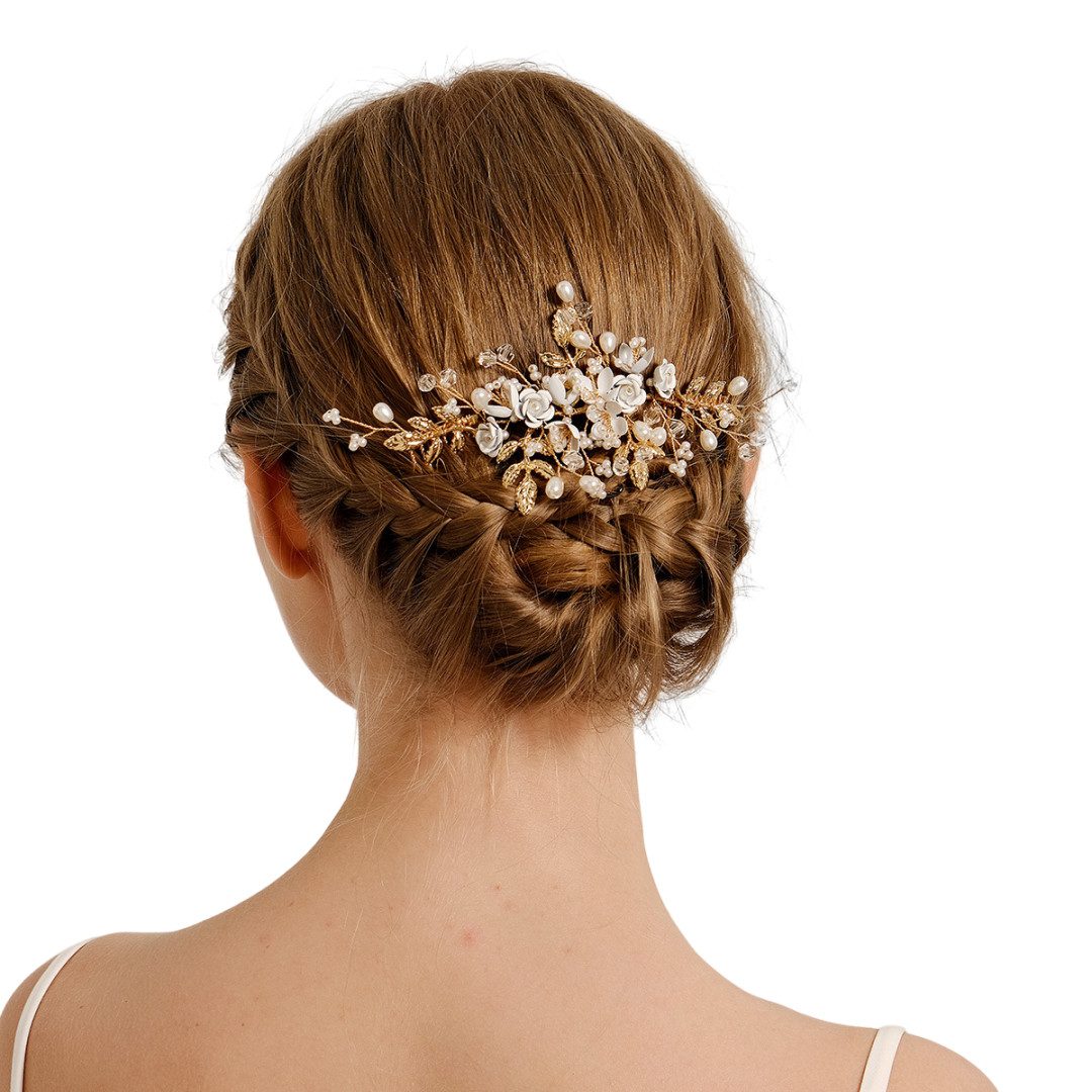 The Beauty House Diadem Brauthaarschmuck Haarkamm Hochzeit Brautschmuck Brauthaarkamm, aus Metall mit Perlen und Blumen