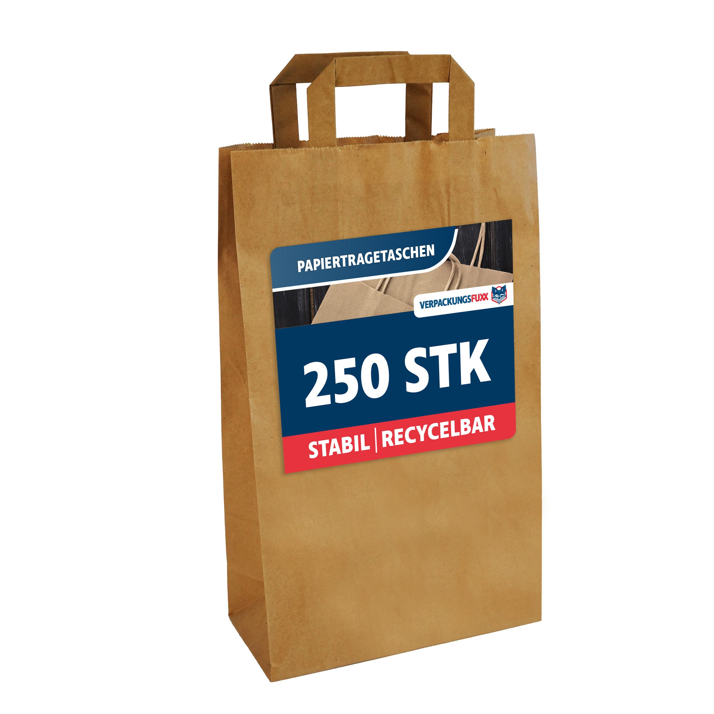 VERPACKUNGSFUXX Tragetasche Papiertragetaschen 250 Stk. 22 x 10 x 36 cm (braun), unbedrucktes Design, 70 g/m², gefaltete Papierhenkel