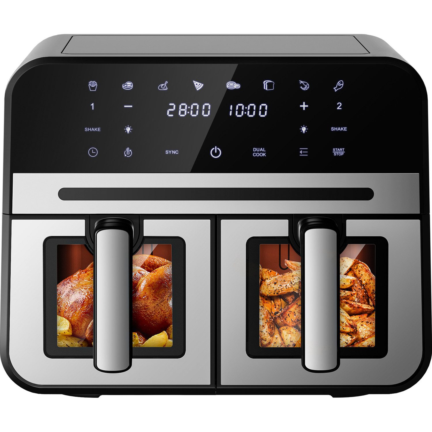 Hiazurm Heißluftfritteuse Dual Zone Heißluftfritteuse, 10L Airfryer mit herausnehmbarem Trenner, 2 Gestelle, Heißluftfritteuse 2 kammern, 8 Kochfunktionen, 2700 W, Antihaftbeschichtung, spülmaschinenfester Korb, 8-10 Portionen