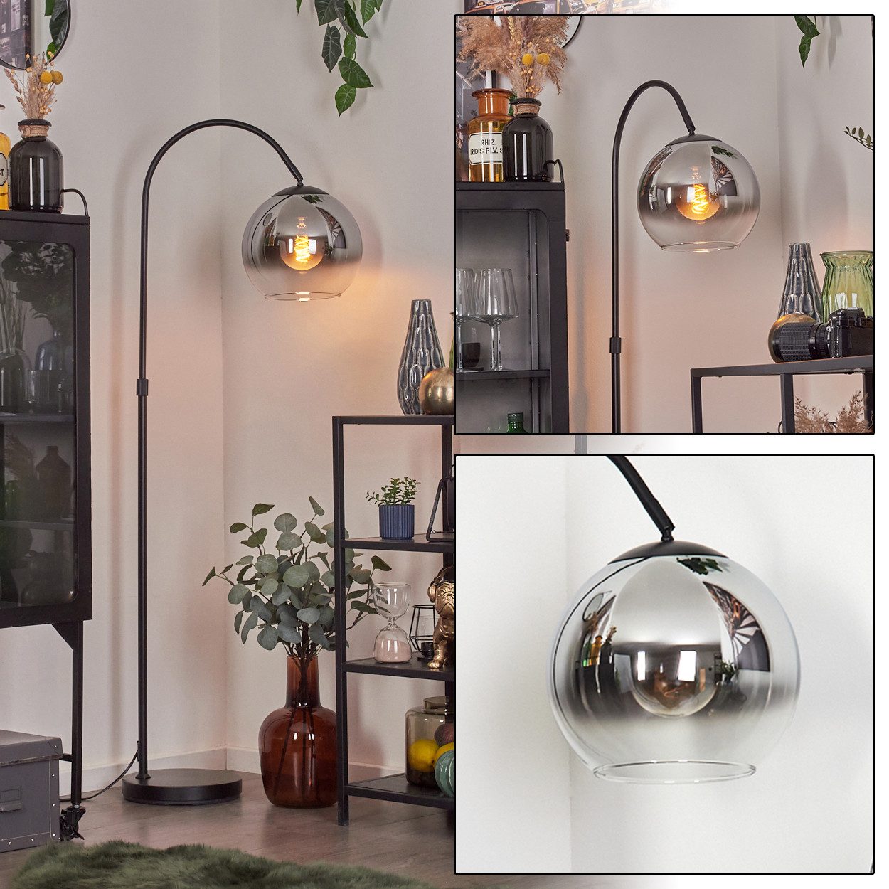 hofstein Bogenlampe Stehlampe aus Metall/Glas in Schwarz/Chrom/Klar/Rauch, ohne Leuchtmittel, Industrial-Design Leuchte m. Glasschirm (25cm) u. Fußschalter, 1xE27