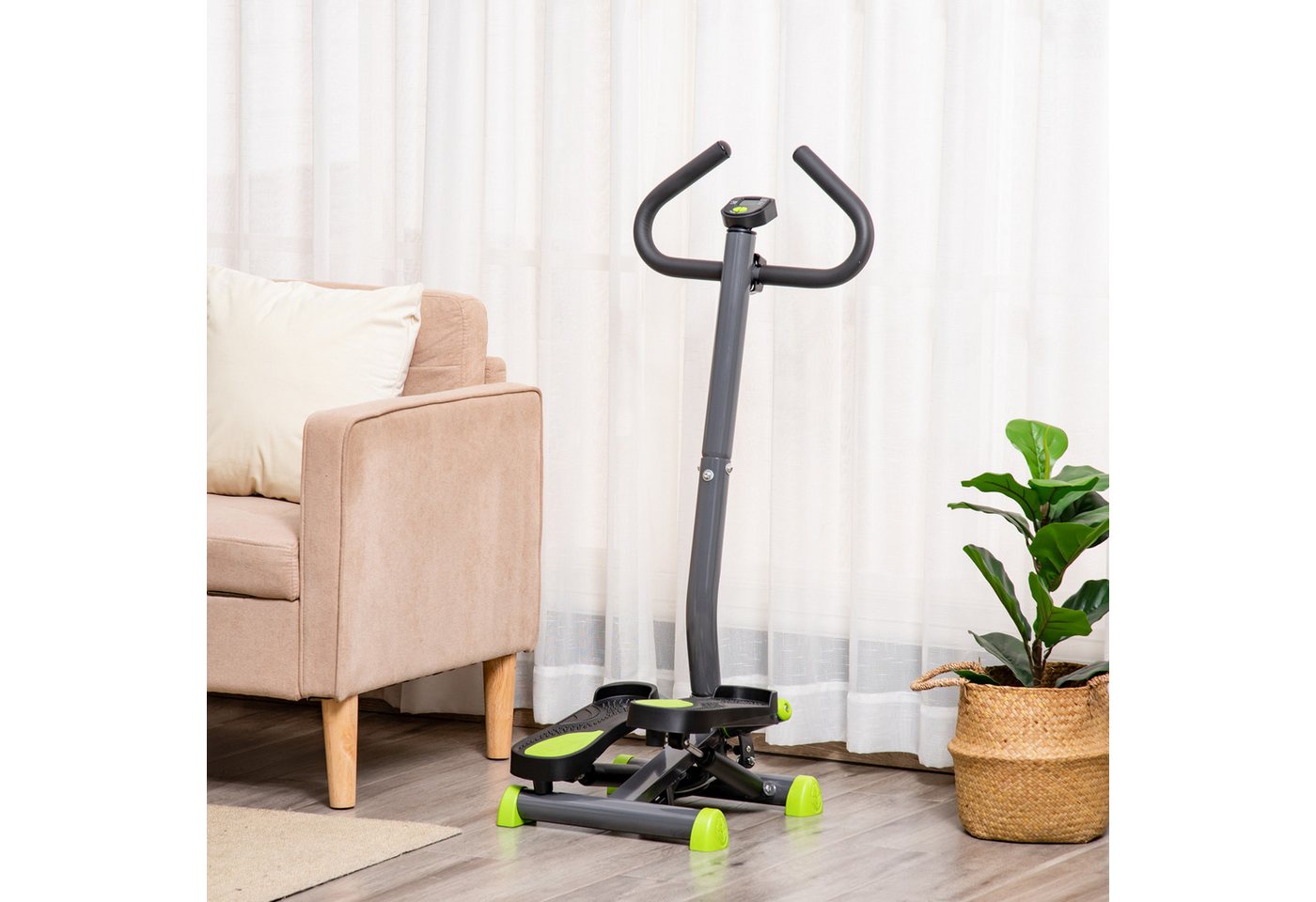 HOMCOM Stepper Fitness Swing Stepper mit LCD-Schirm und Handgriff Grün (Hometrainer, 1-tlg., Sportgeräte), für Zuhause bis 100 kg Stahl ABS Grau+Grün 55 x 44 x 108 cm