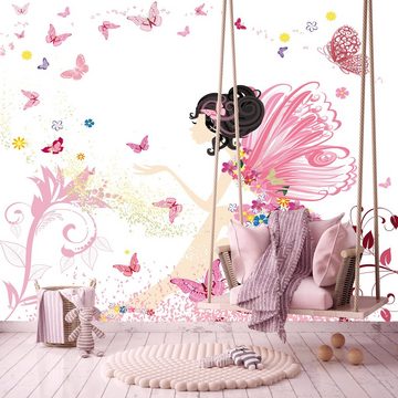 murimage® Fototapete Fototapete Fee Märchen 274 x 254 cm Schmetterlinge Kinderzimmer inklusive Kleister Blumen Mädchen Rosa Kinder