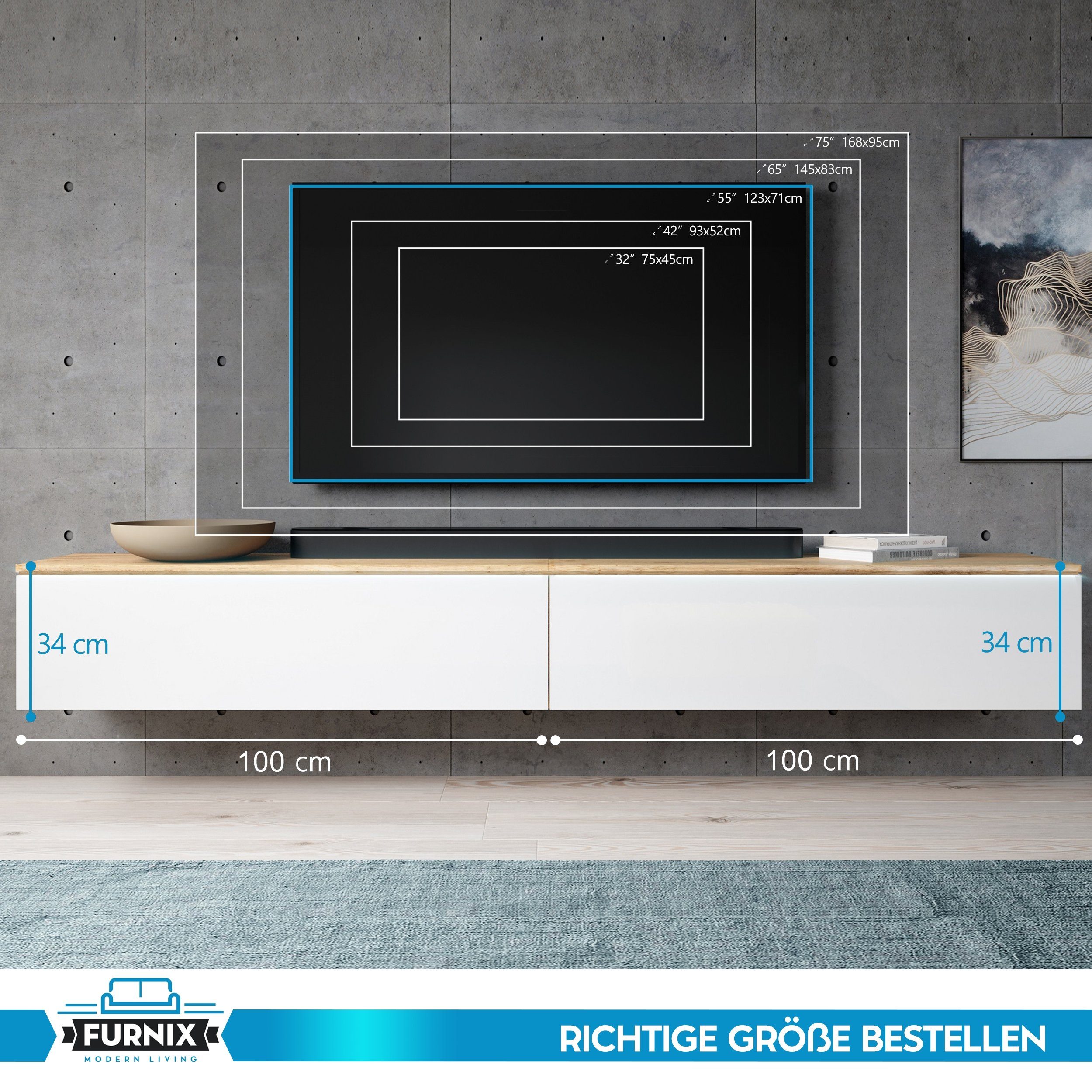 2x100cm cm, Fernsehschrank, Wotan/WeißHochglanz BARGO Furnix H34 x Lowboard T32 x B200 TV-Board