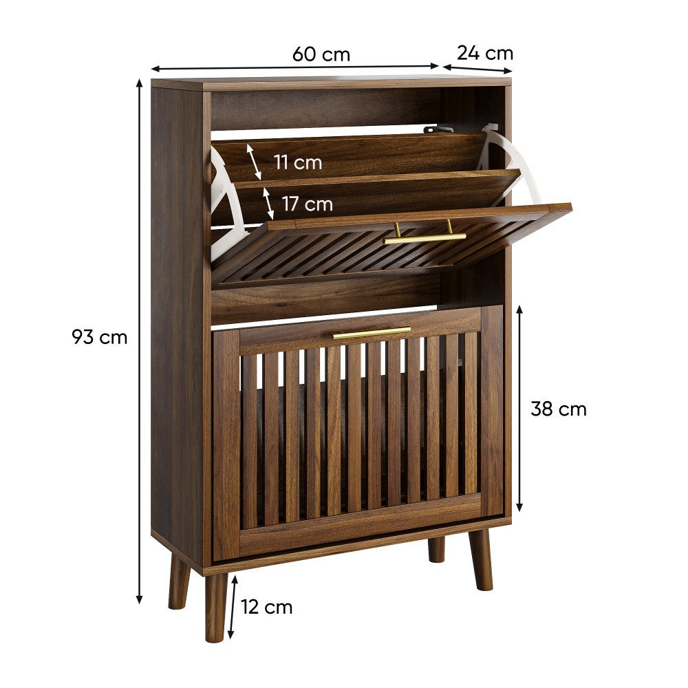 BBWL Schuhschrank 60 cm Walnuss freistehend MDF Klappschubladen Mid Century Stil Schuhschrank Flur Eingangsbereich Stauraum
