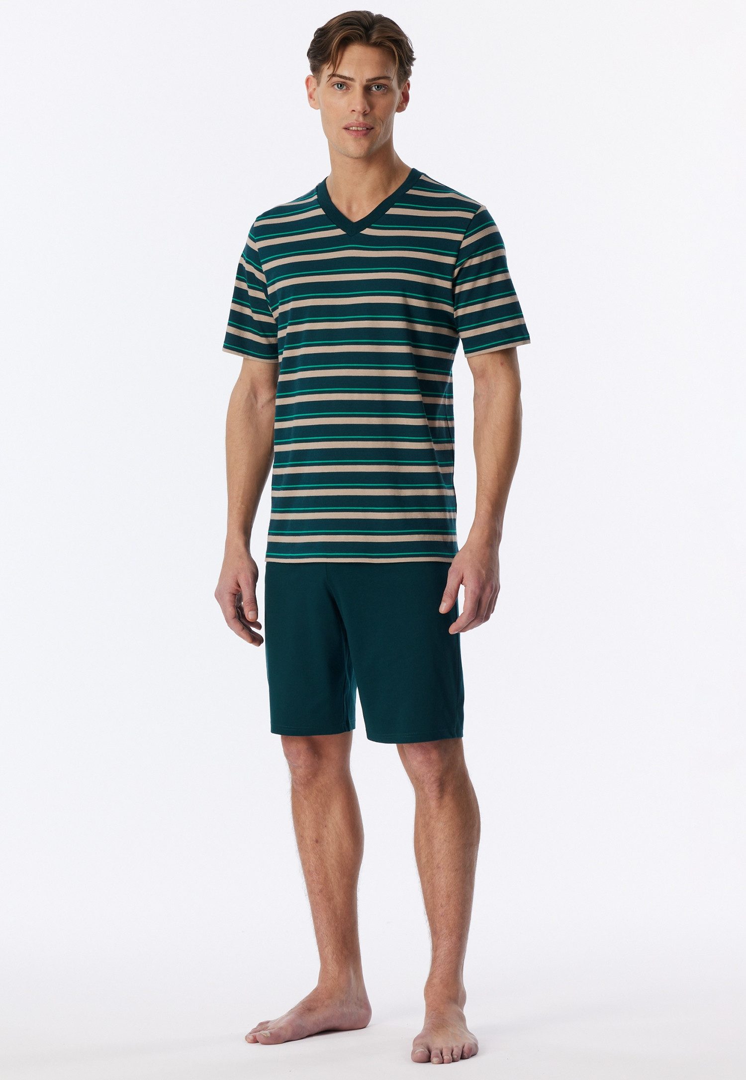 Schiesser Shorty Casual Nightwear (2 tlg) V-Ausschnitt, Shorts in Uni mit Bindeband am Bund