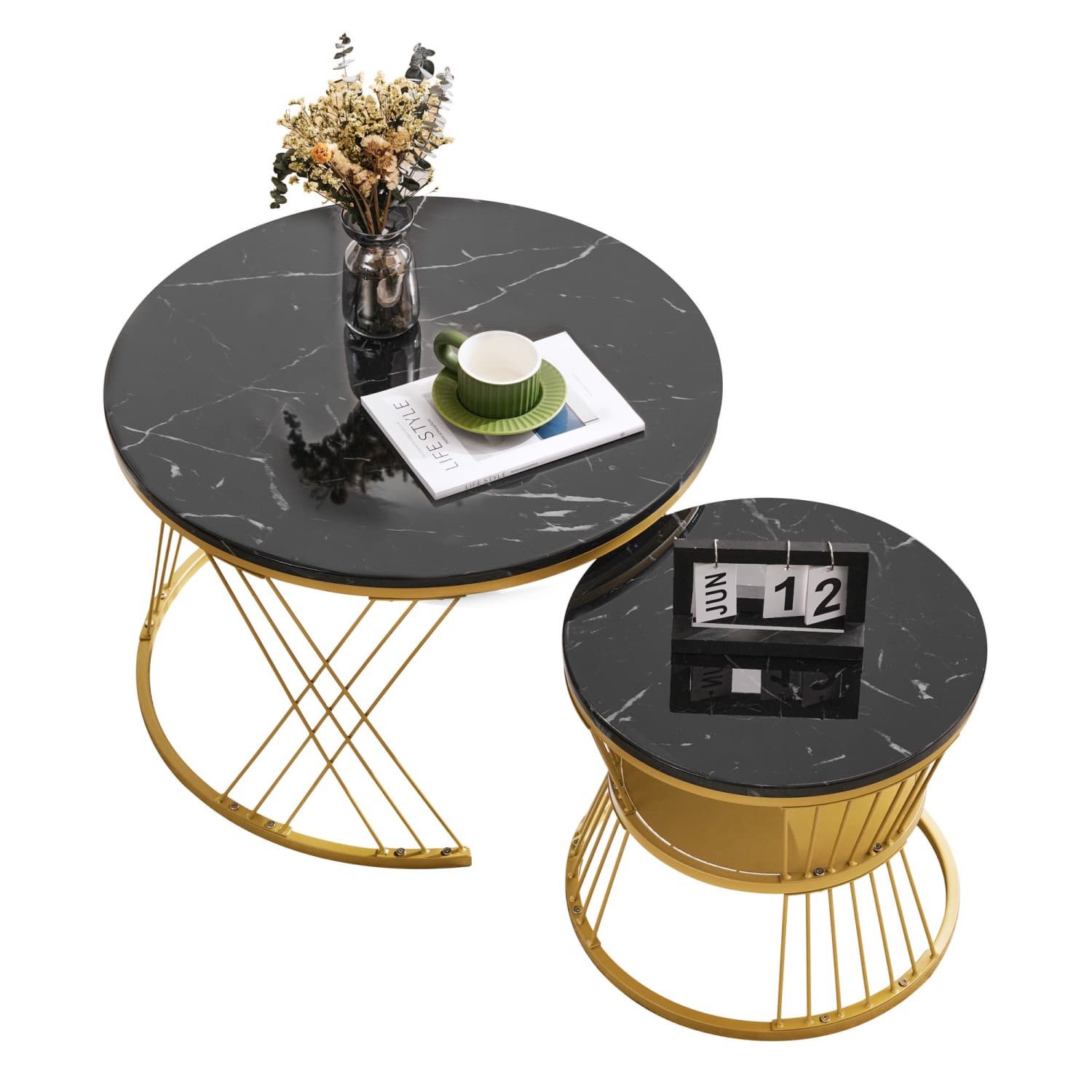 autolock Couchtisch Moderne Nesting Couchtisch, Hochglanz Couchtisch Satz,Satz von 2, Marmor Furnier Sofa Seite Nest von Tischen Runde Endtische,Golden