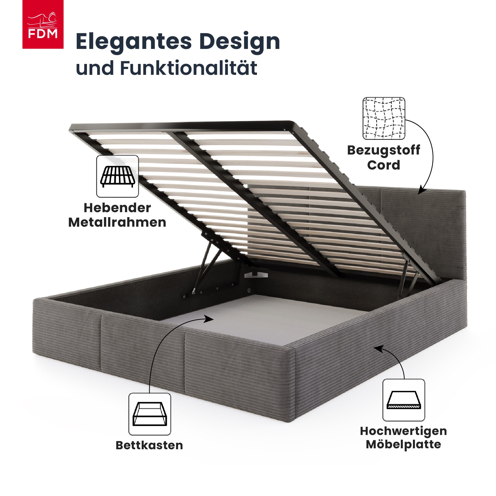 FDM Polsterbett AMBER modern mit Bettkasten MADE IN EU - mit Cord Bezug (verfügbar 90x200 120x200 140x200 160x200 180x200cm, Bettrahmen, Bett, mit großen gepolsterten Kopfteil, mit Bettkasten zum aufklappen), Hebbarer Metallrahmen, Bettkasten, mit/ohne Matratze